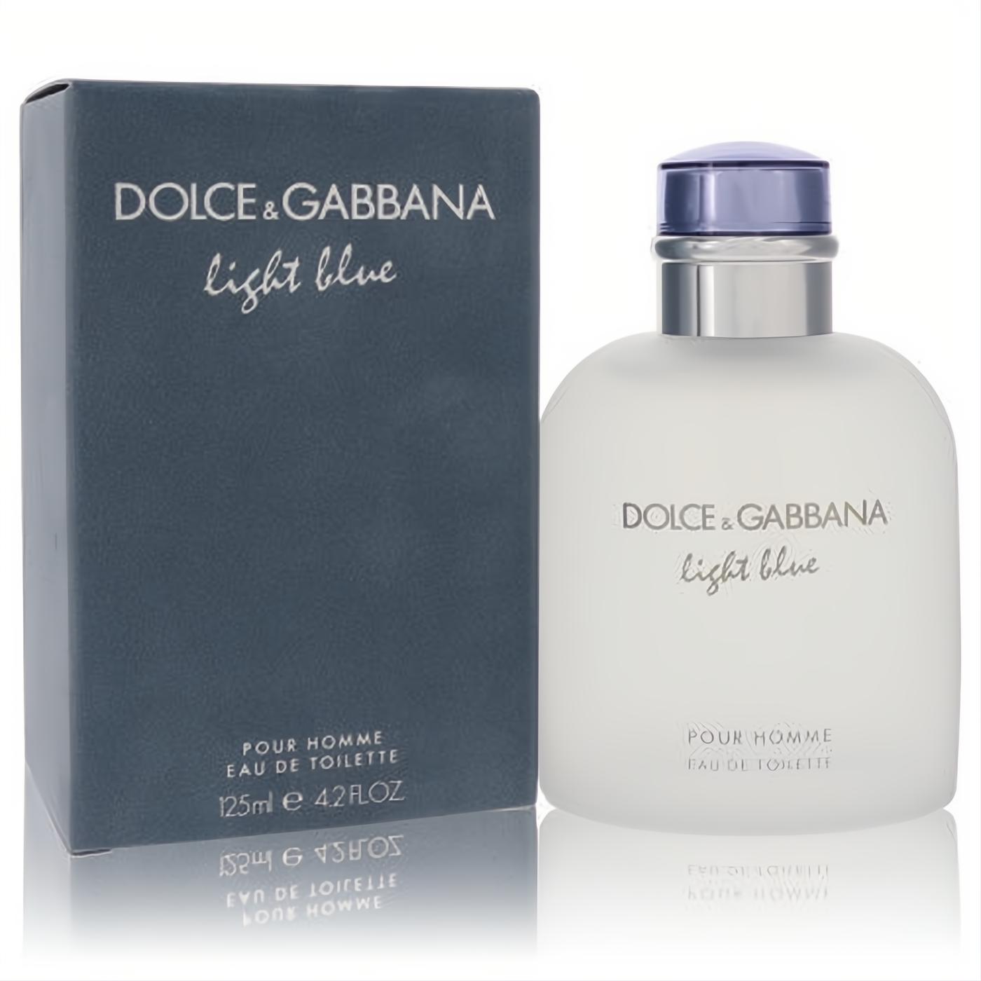 Experience Dolce & Gabbana Light Blue 4.2 oz men's EDT. Frosted glass bottle with a sleek blue cap, next to its elegant blue-grey box.