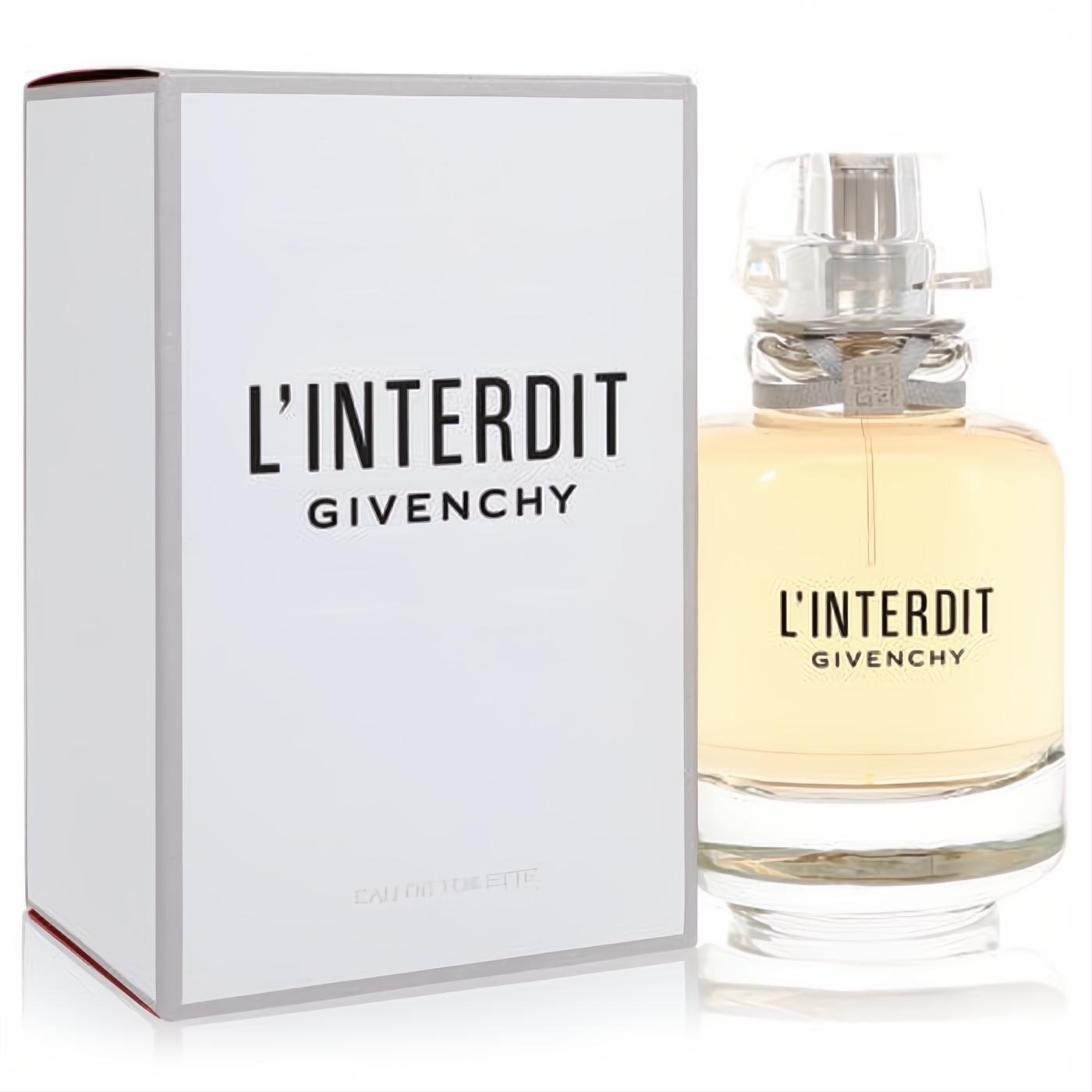 Experience L'Interdit Givenchy 2.6 oz Eau De Toilette. Clear bottle with golden liquid, silver cap, and sophisticated white box.
