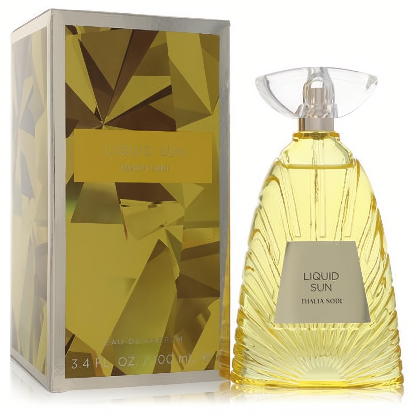 Thalia Sodi Liquid Sun 3.4 oz women's EDP. Radiant yellow pleated glass bottle with a clear sculptural cap, next to its elegant gold box.