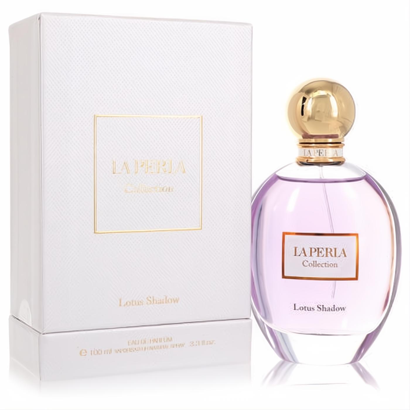 La Perla Lotus Shadow 3.3 oz EDP. Elegant lavender glass bottle with a gold cap and luxurious white textured box.