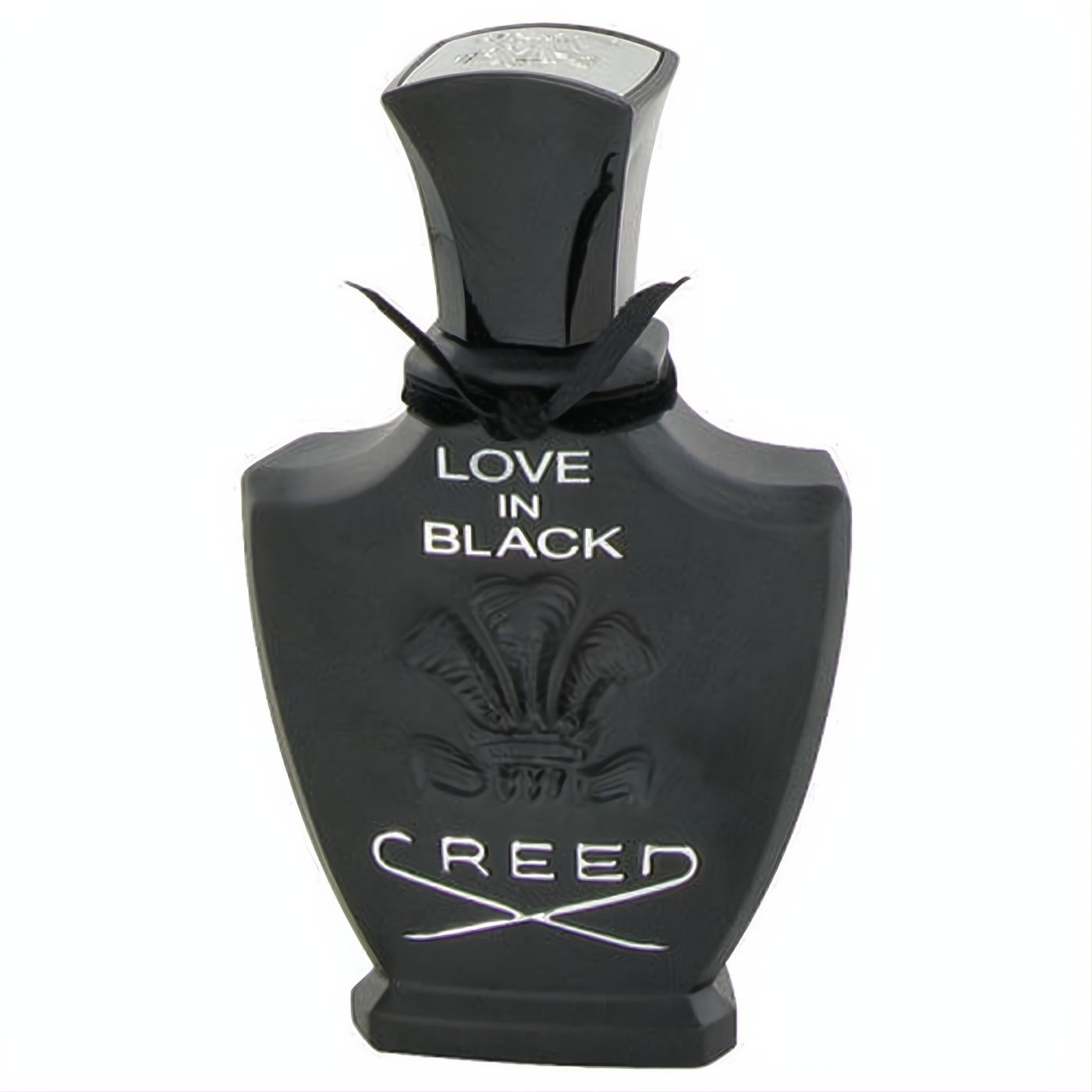 Elegant black Creed Love In Black 2.5 oz EDP spray for women. Distinctive sculpted bottle with white branding, crest, and black ribbon detail.