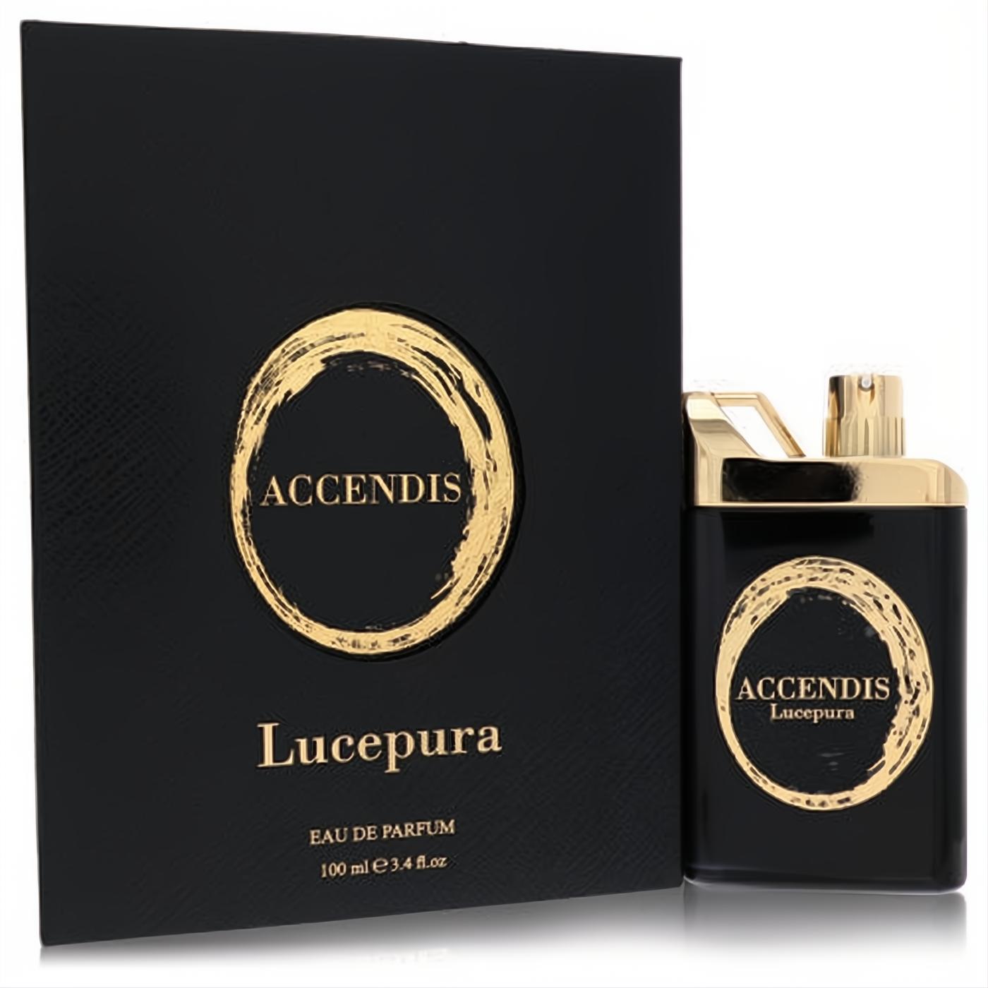 Bold Lucepura by Accendis 3.4 oz unisex eau de parfum. Black rectangular bottle, luxurious gold cap, and textured box.