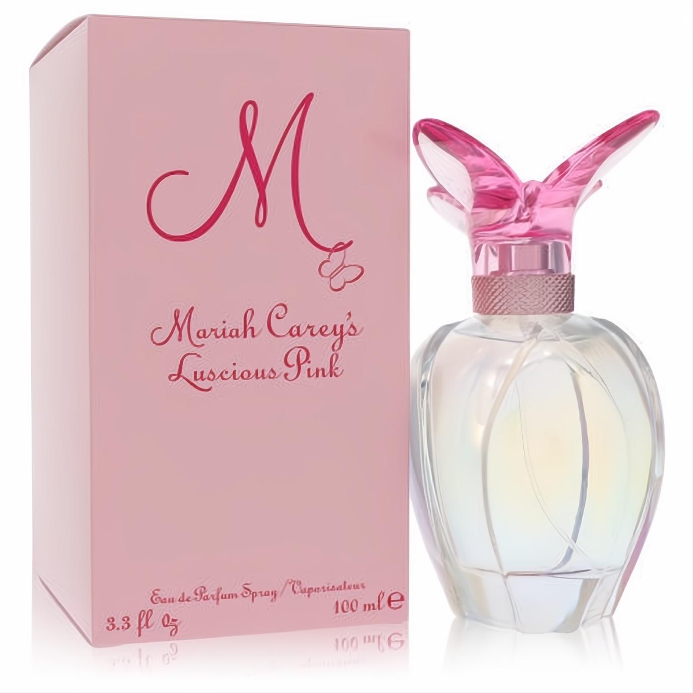 Mariah Carey Luscious Pink 3.3 oz EDP: elegant iridescent bottle, iconic pink butterfly cap, and matching pink box.