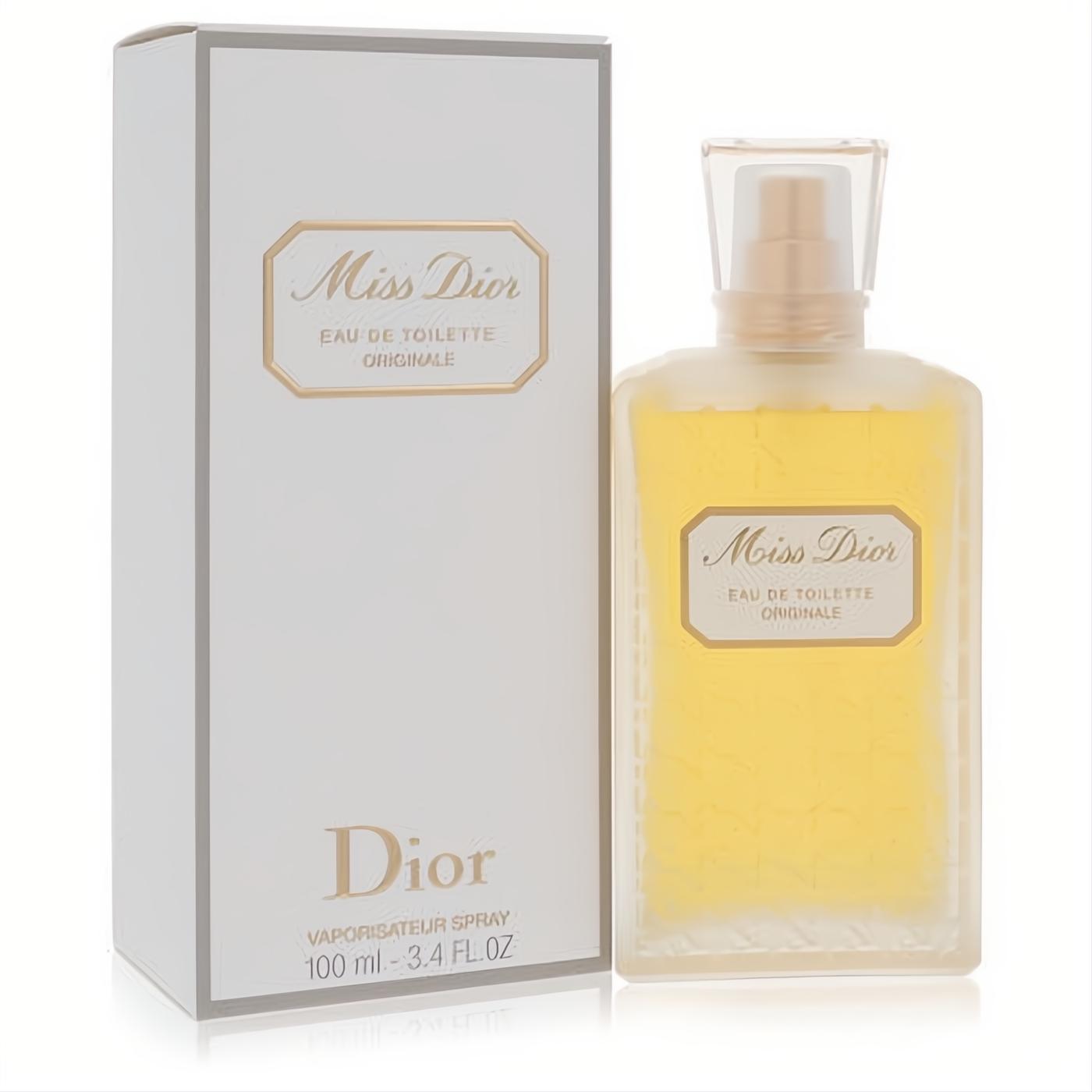 Elegant Miss Dior Originale 3.4 oz EDT spray. Clear glass bottle, gold accents, and luxurious white box.