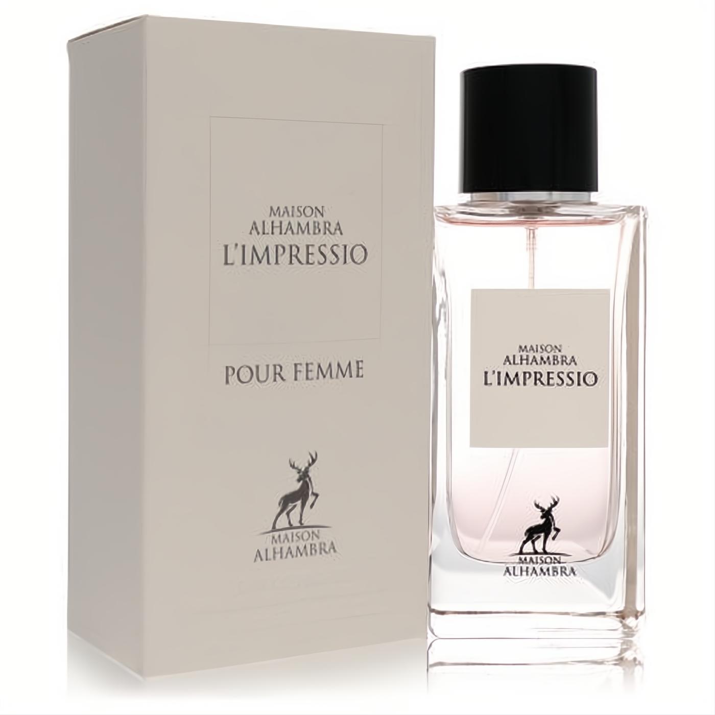 Elegant Maison Alhambra L'impressio 3.4 oz women's EDP in a clear glass bottle with black cap and sophisticated beige box.
