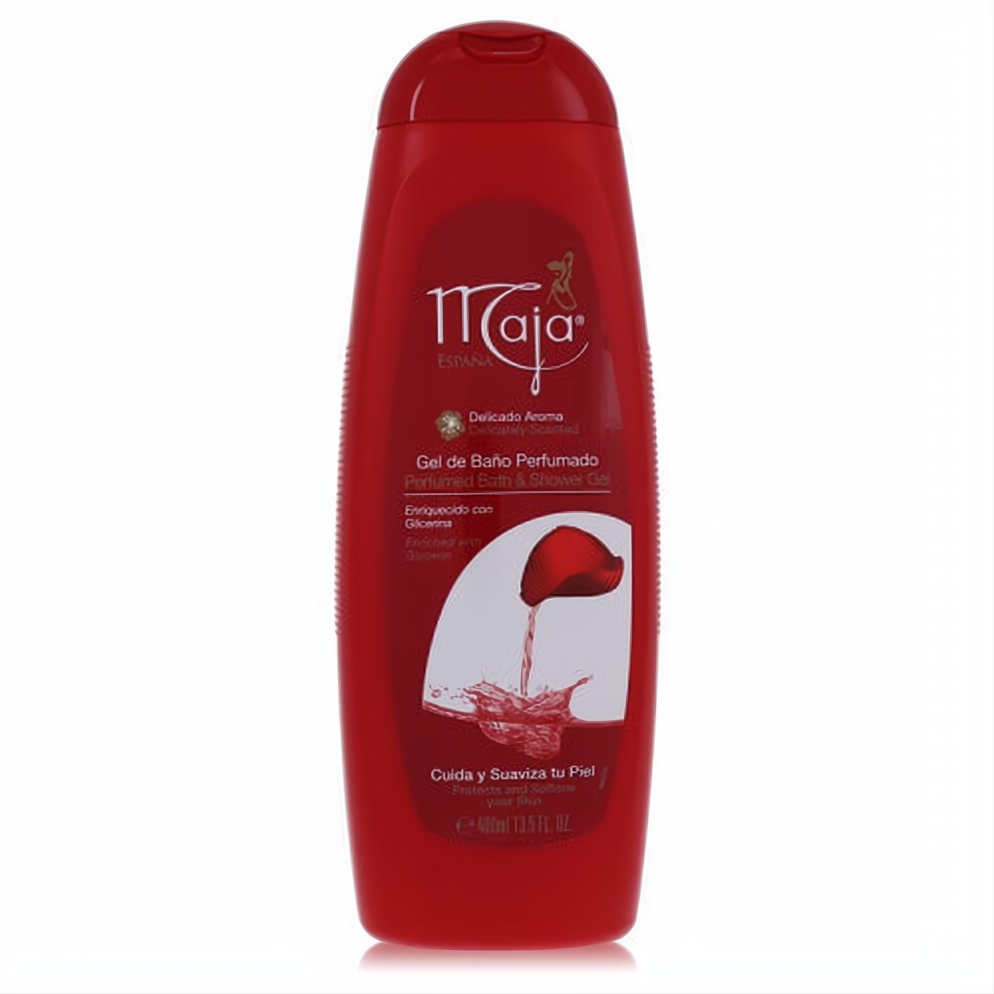 Experience Maja's 13.5 oz perfumed bath & shower gel in a vibrant red bottle with a captivating floral design. Protects and softens skin.