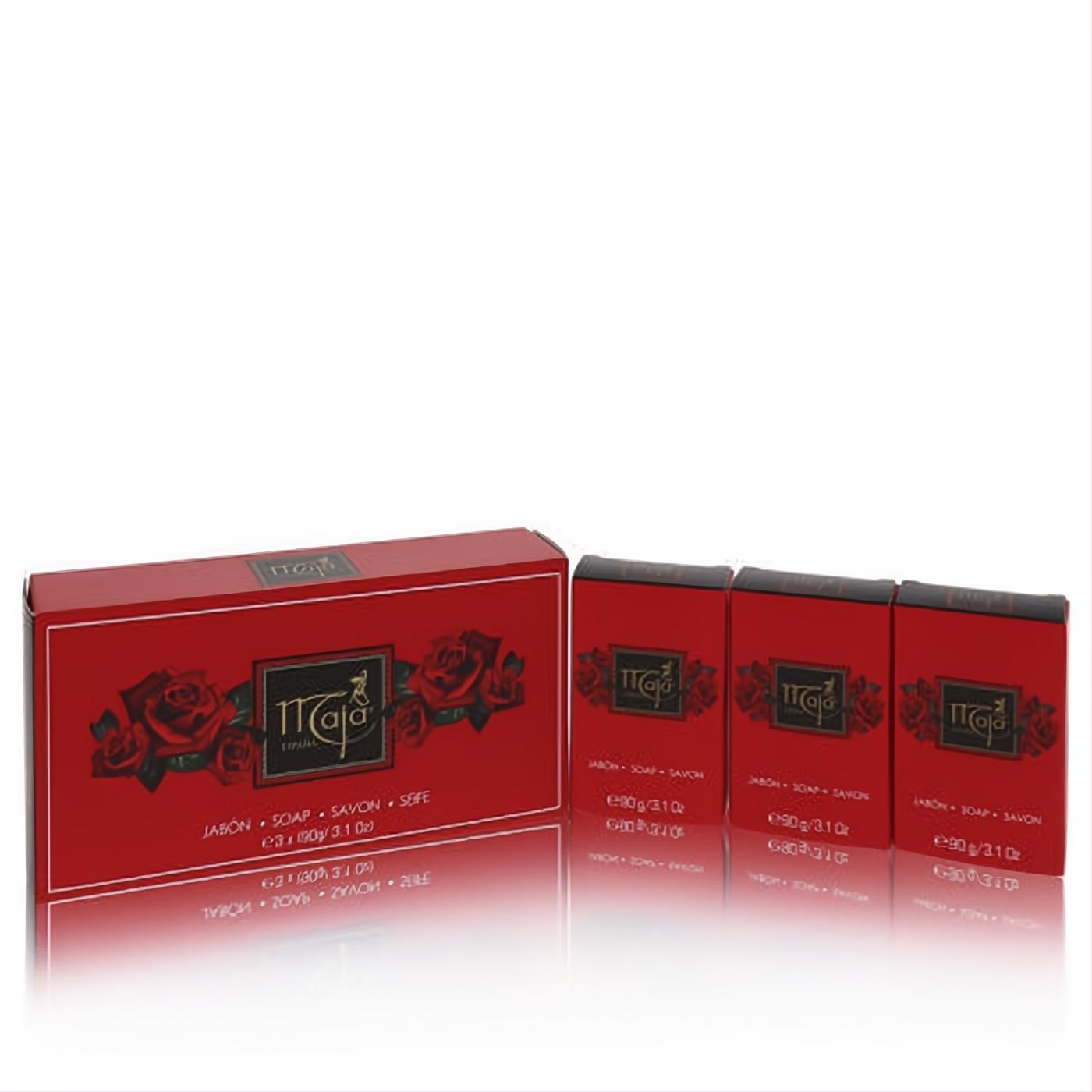 Indulge in Maja by Myrurgia 3-pack soap. Elegant red boxes with classic rose artwork, each 3.1 oz, for a refined fragrance experience.