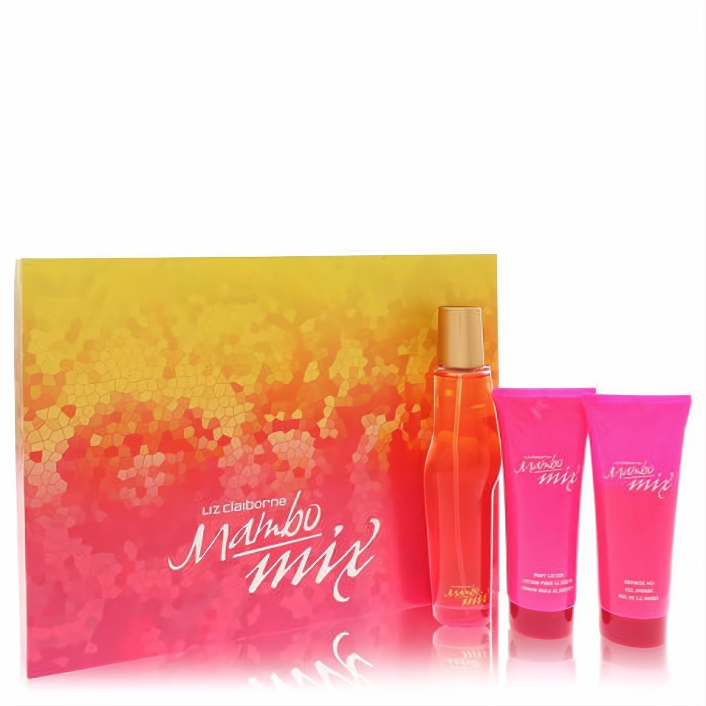 Vibrant Liz Claiborne Mambo Mix 3.4 oz gift set: perfume, lotion, shower gel. Stunning pink-orange mosaic box and bright pink tubes.