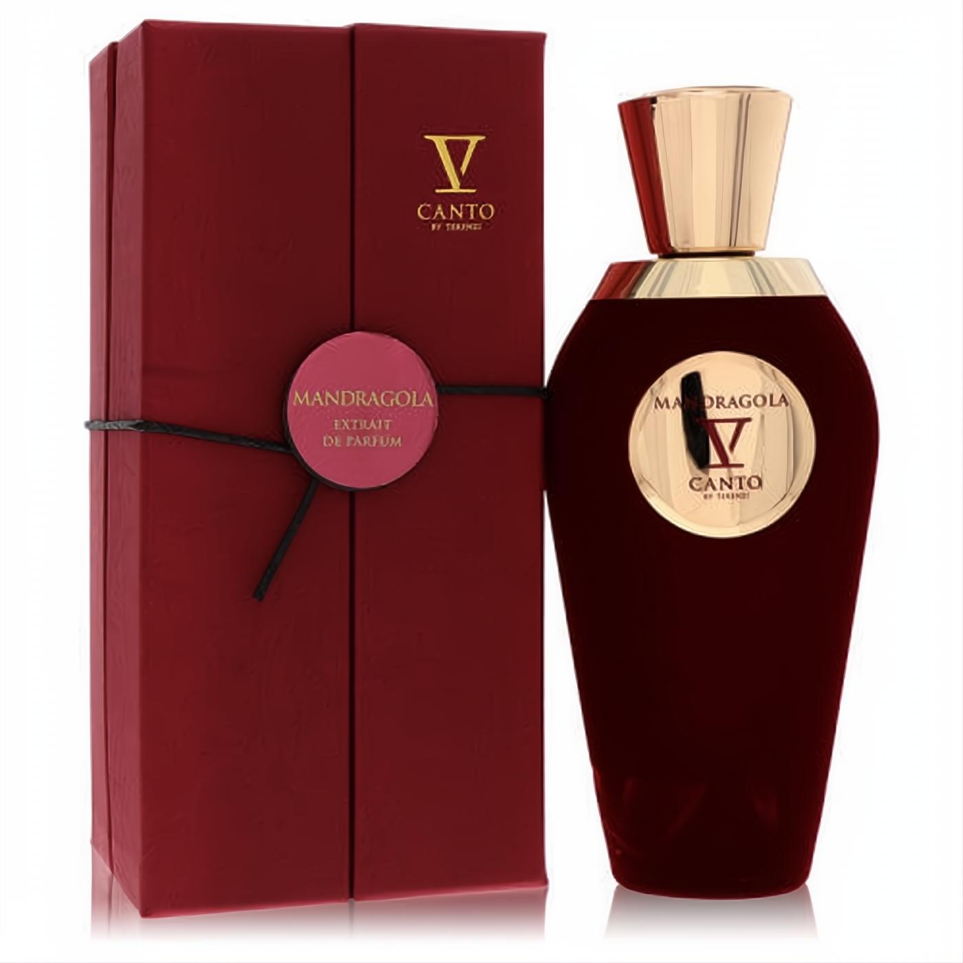 Elegant V Canto Mandragola V unisex fragrance in a rich red velvet bottle with gold cap, beside its luxurious gift box.