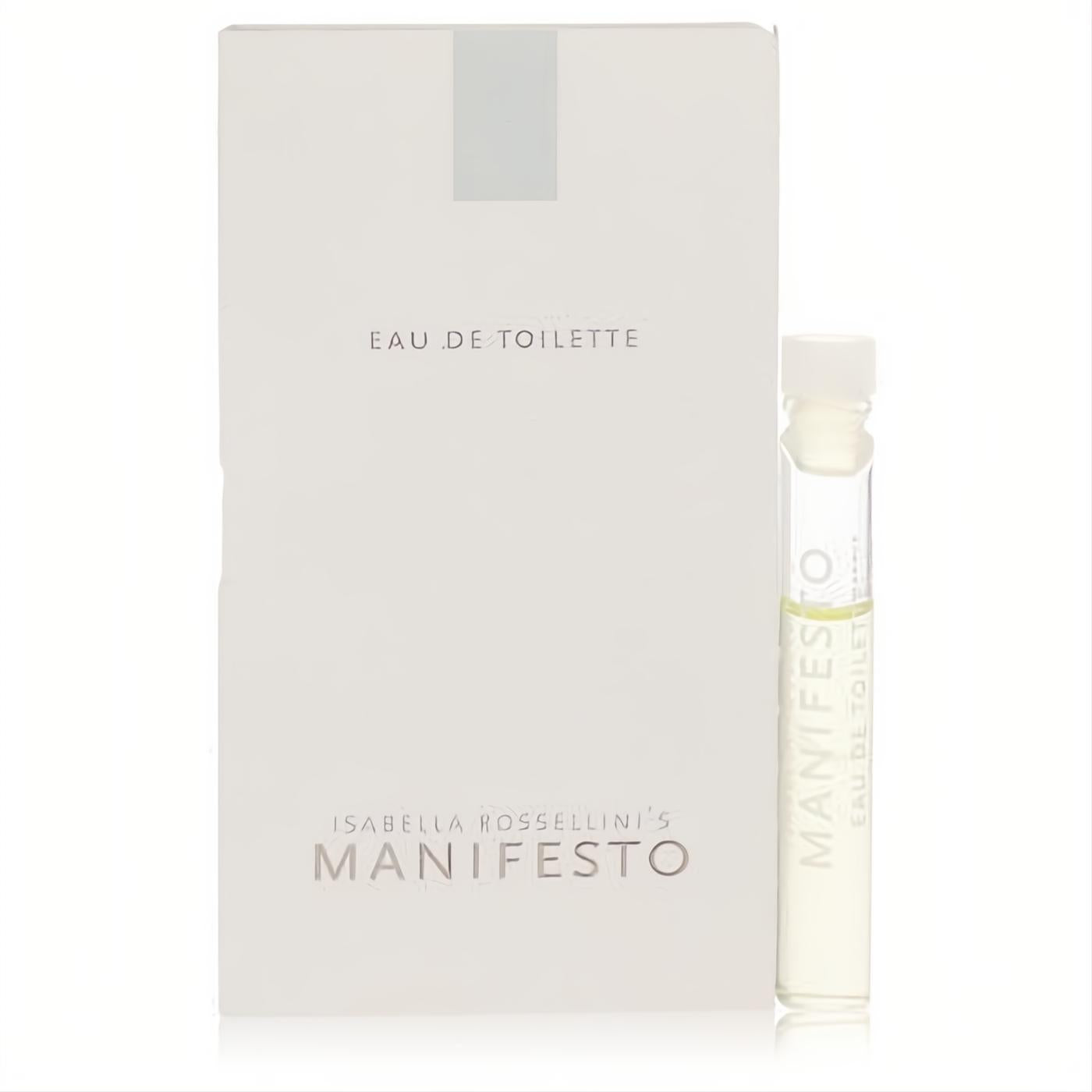 Manifesto by Isabella Rossellini .04 oz Eau de Toilette sample vial, clear glass with white cap, next to its sleek white box.