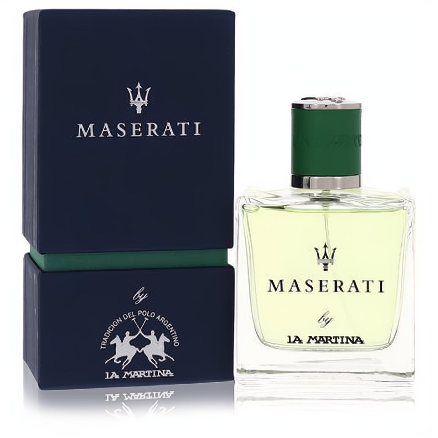 Maserati La Martina 3.4 oz men's EDT spray. Clear glass bottle with light yellow liquid, green cap, and silver sprayer, presented with its navy blue branded box.