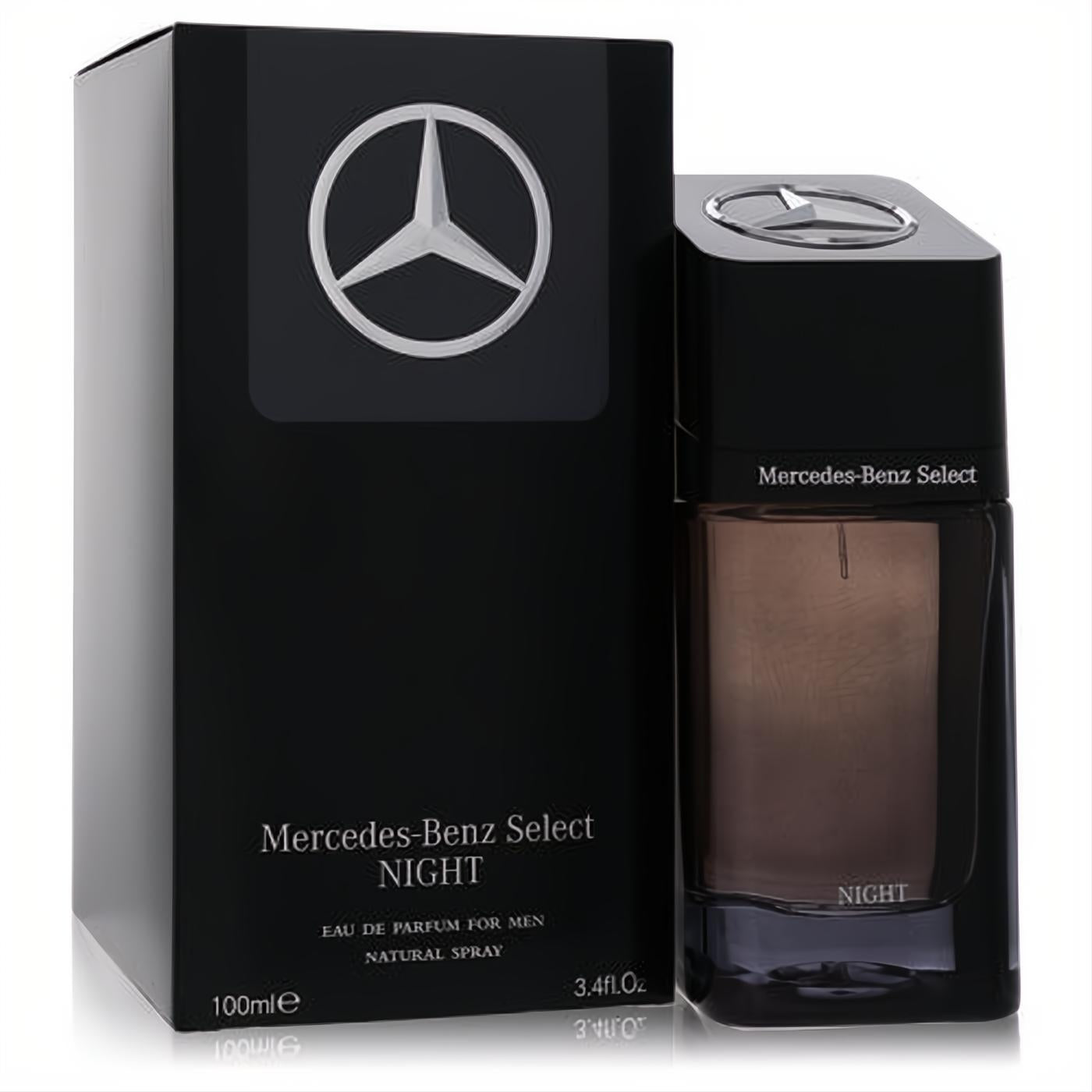 Mercedes-Benz Select Night 3.4 oz men's Eau De Parfum. Dark, rectangular bottle with black cap, silver star logo, and sleek black box.