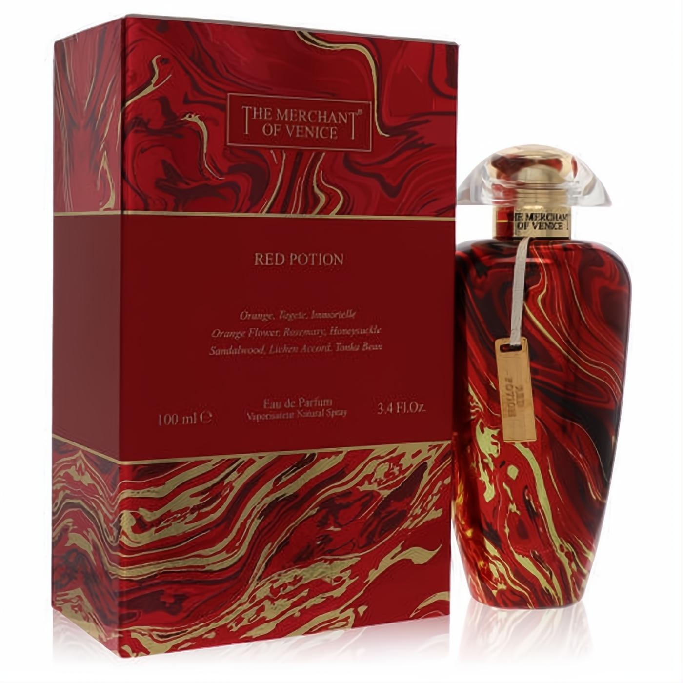 Elegant Merchant of Venice Red Potion 3.4 oz unisex EDP spray. Features a luxurious red and gold swirling marble bottle and matching box.