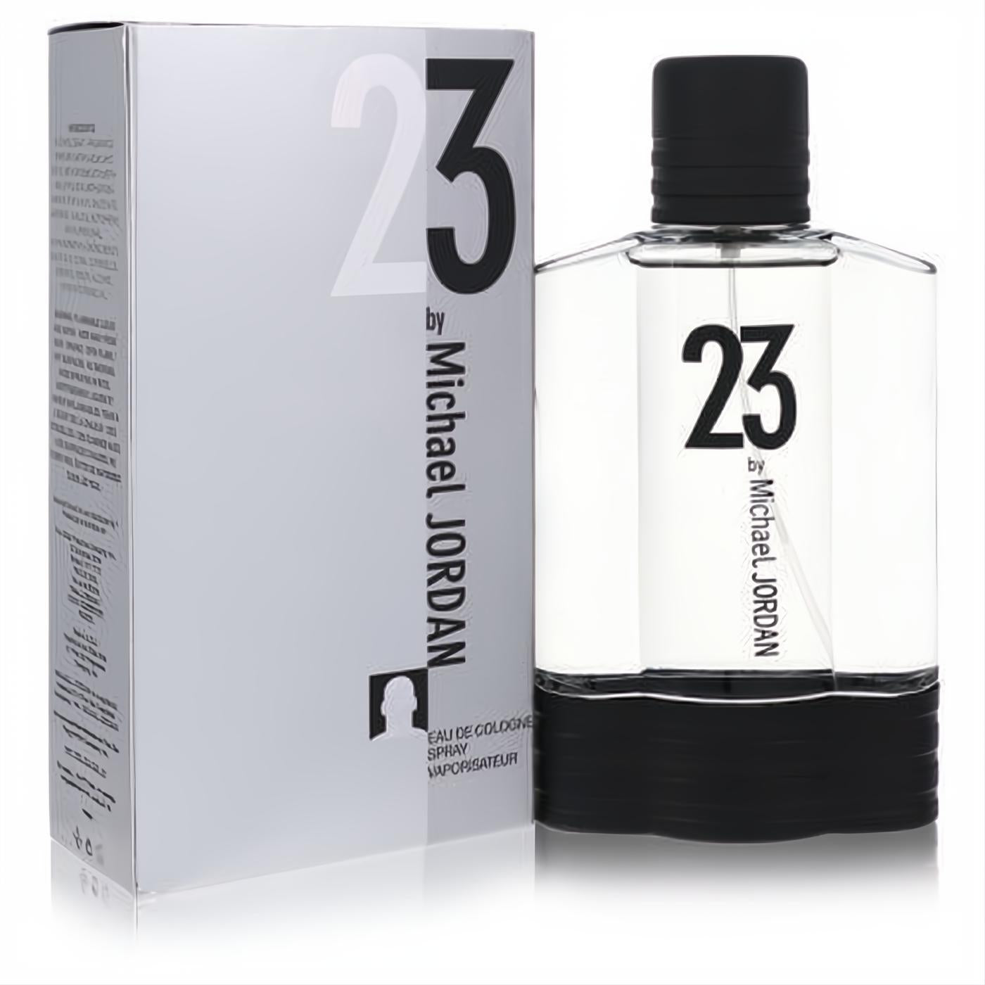 Iconic Michael Jordan 23 men's 3.4 oz cologne spray. Sleek clear bottle with bold black "23" and matching cap, next to its white box.