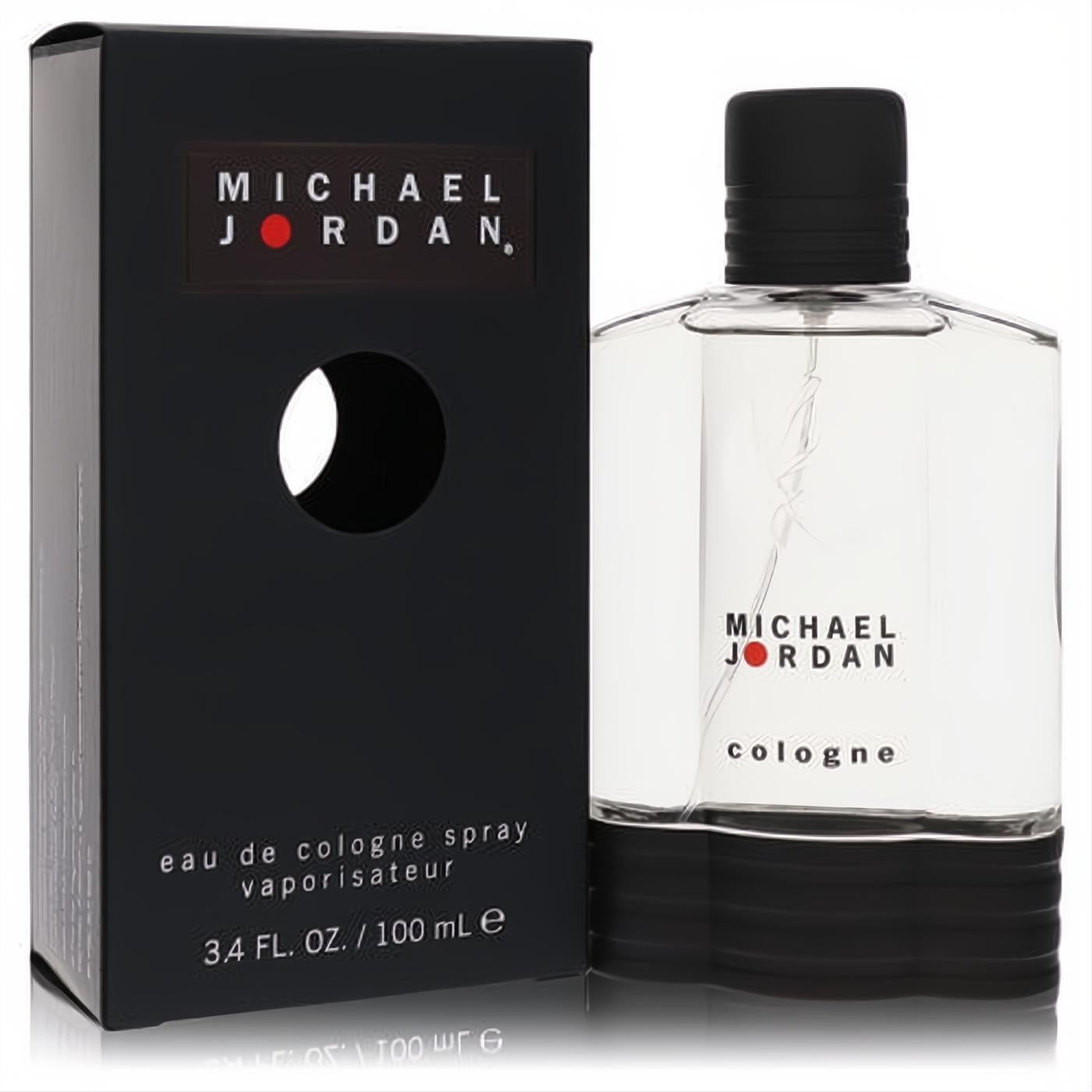 Michael Jordan 3.4 oz men's cologne spray. Clear glass bottle with black cap, ribbed base, and sleek black box.
