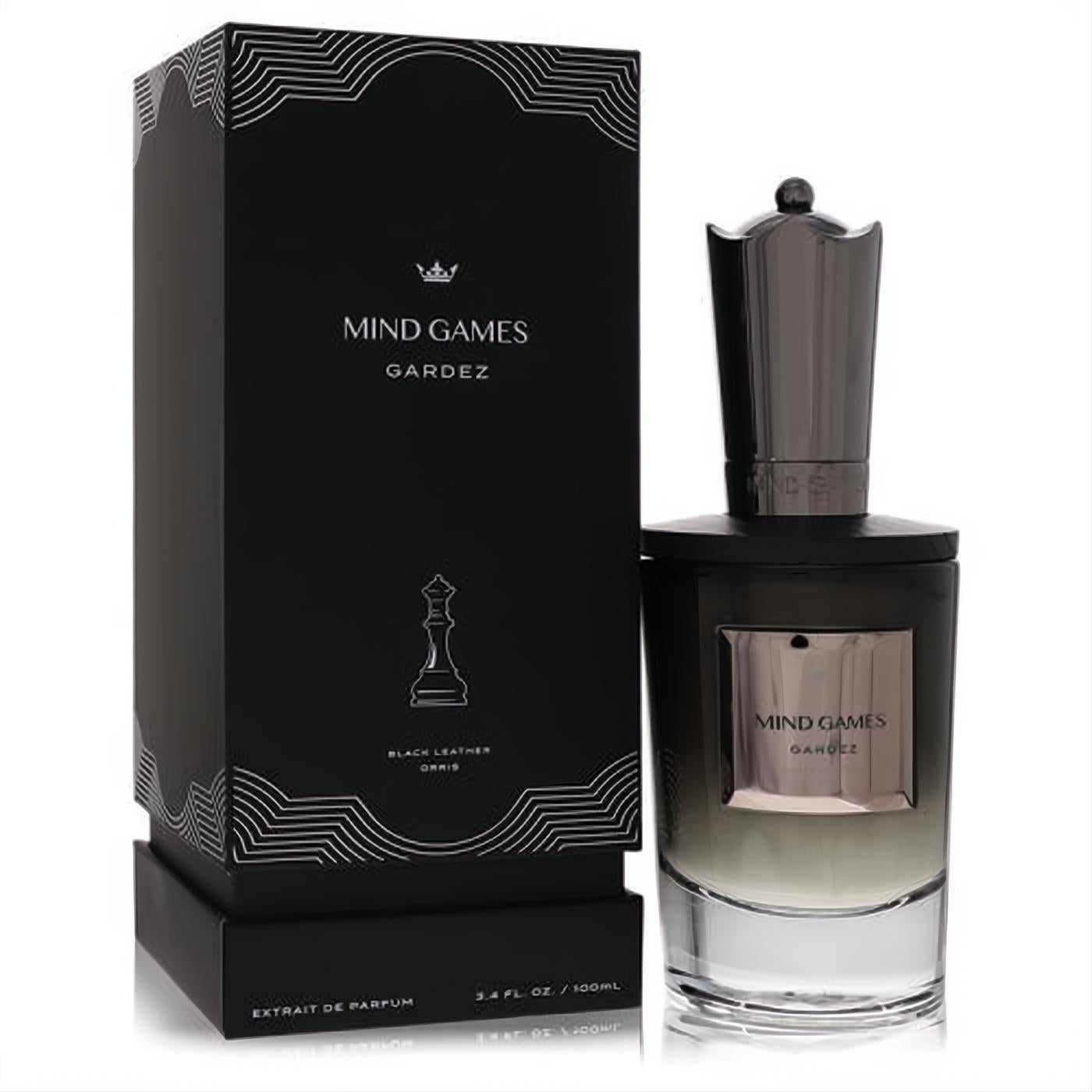 Mind Games Gardez 3.4 oz unisex extrait de parfum. Luxurious black box with silver chess design and a sophisticated gradient glass bottle.