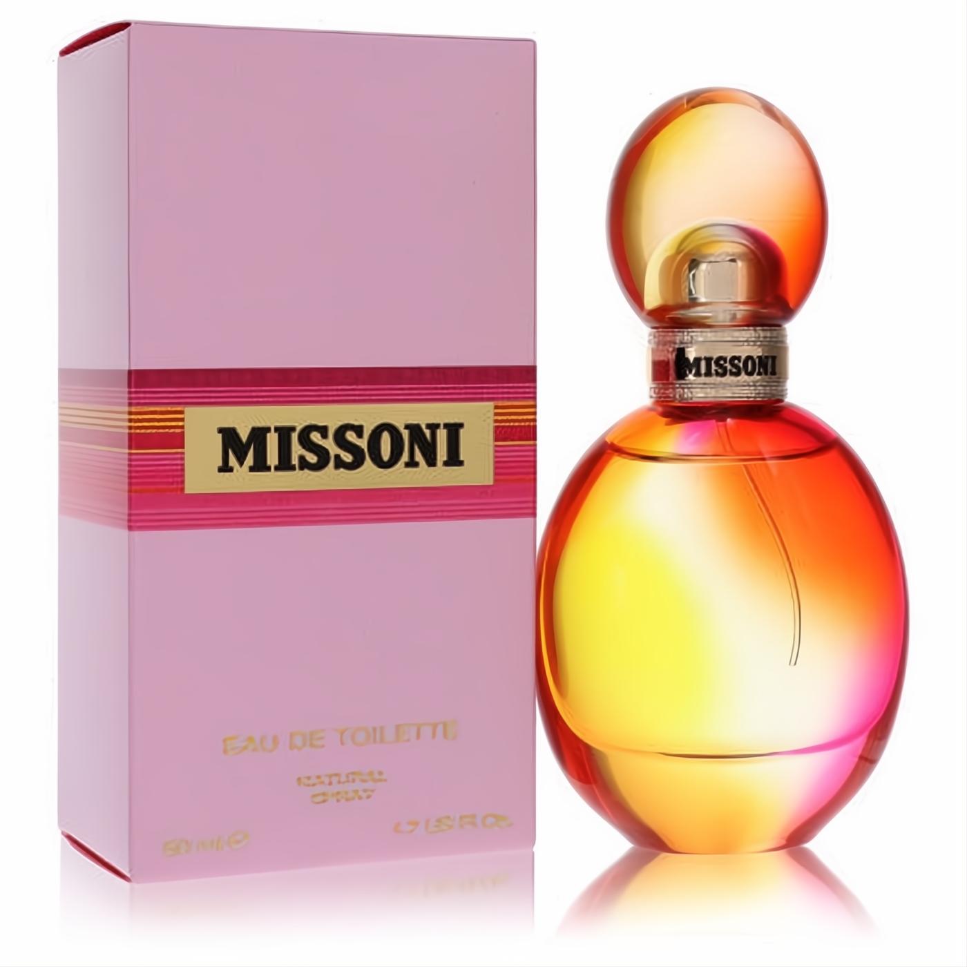 Missoni Eau De Toilette 50ml spray. Elegant round glass bottle with a stunning yellow-orange to pink gradient, beside a chic pink box.