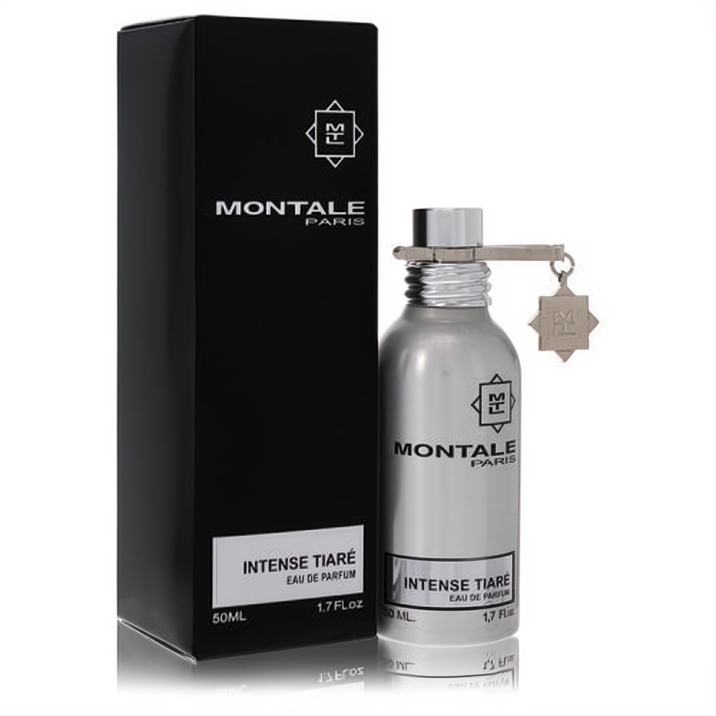Montale Intense Tiare 1.7 oz EDP in a stunning metallic silver bottle with signature charm, beside its elegant black box.