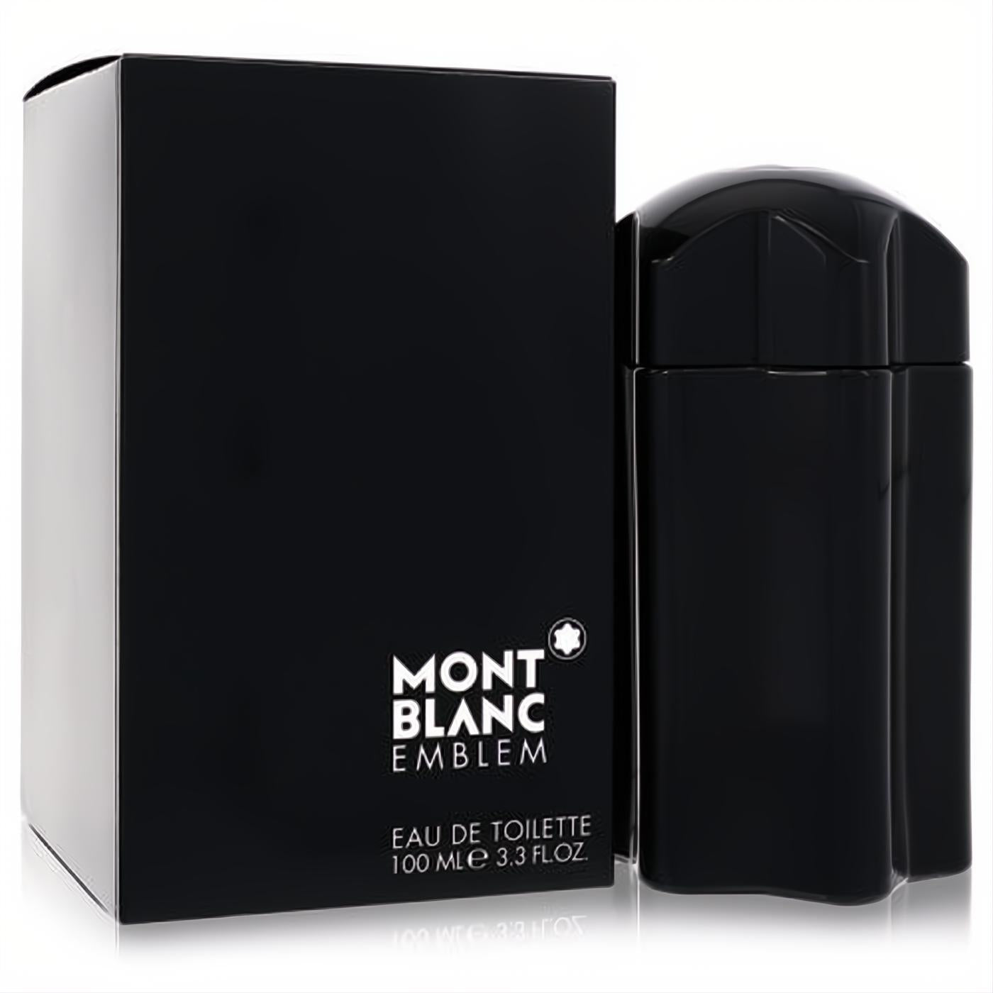 Montblanc Emblem Eau De Toilette 100ml. Sleek black bottle and elegant branded box for a sophisticated men's fragrance.