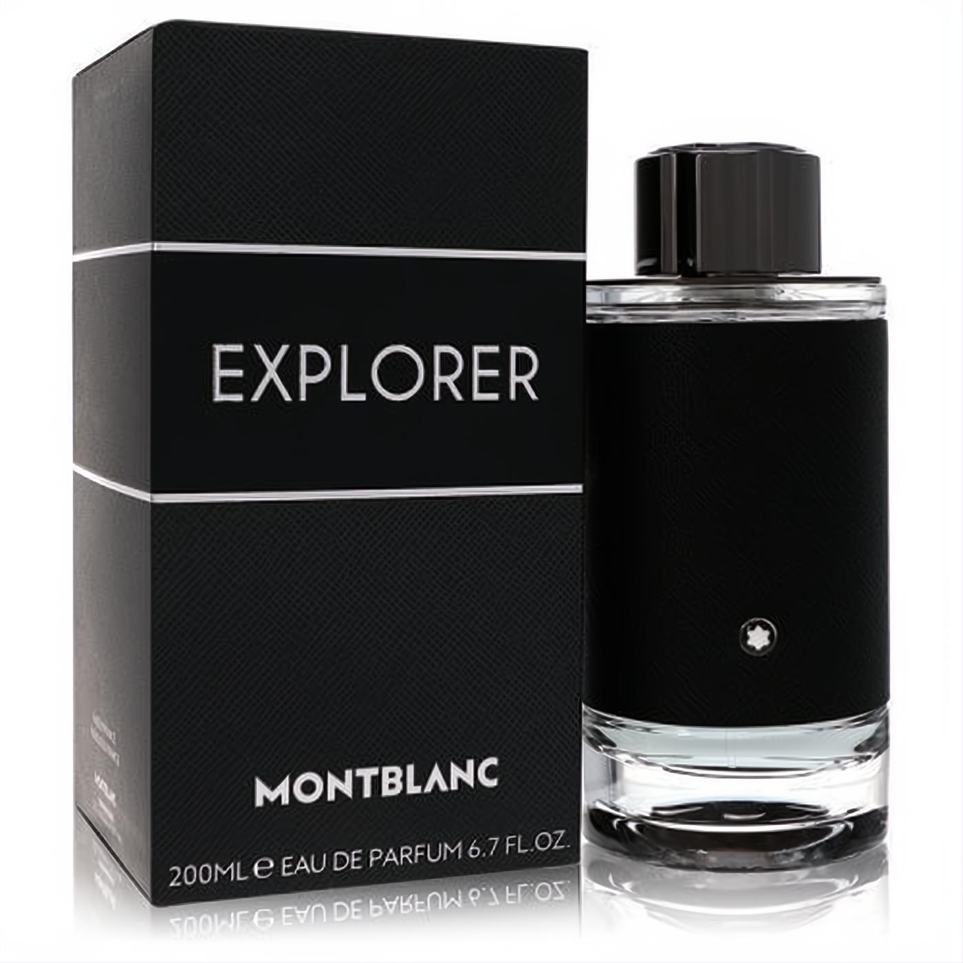 Montblanc Explorer 6.7 oz men's EDP. Sleek black bottle with textured sleeve, iconic star logo, clear base, and branded box.