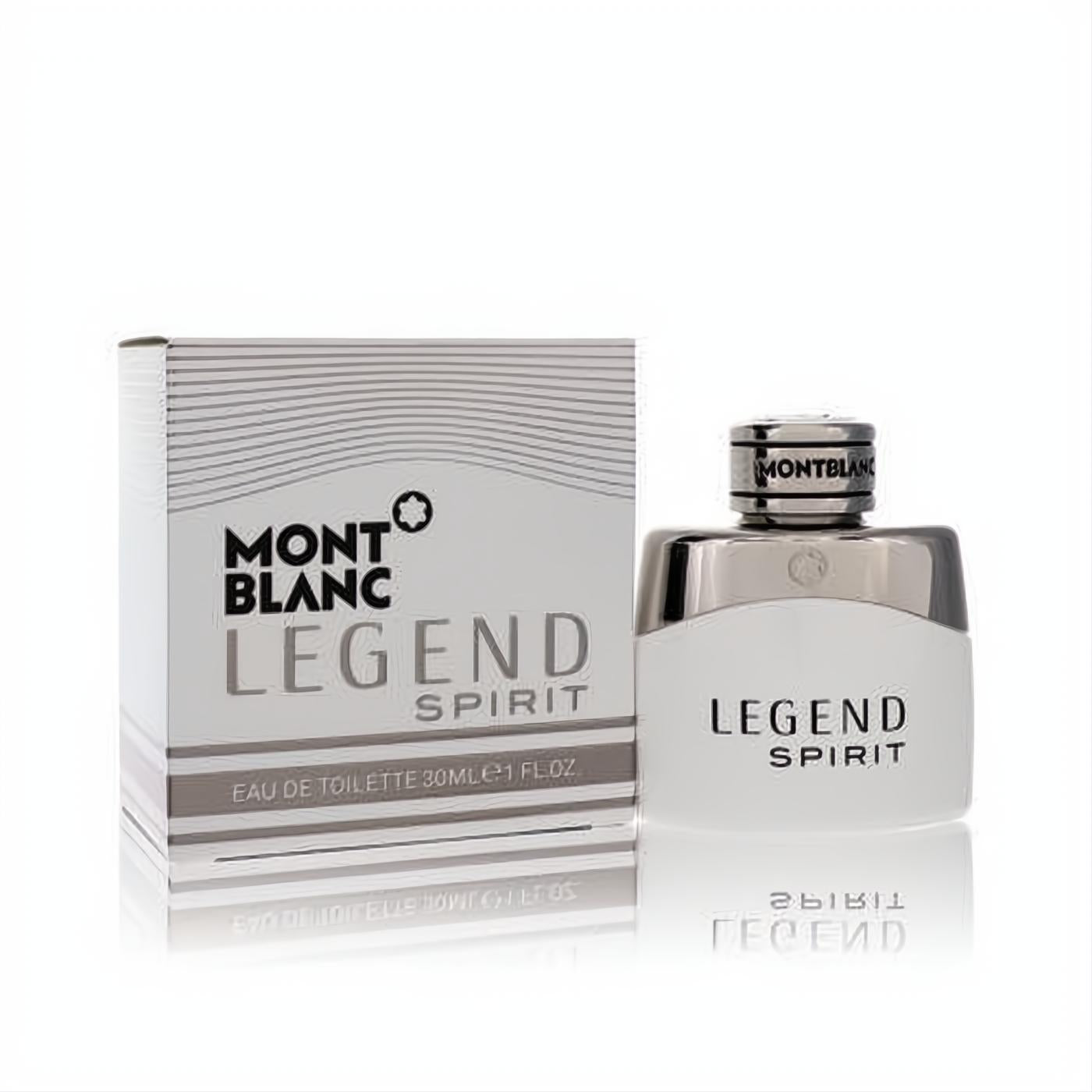 Montblanc Legend Spirit 1 oz EDT spray. Elegant frosted white bottle with silver cap and matching white box.