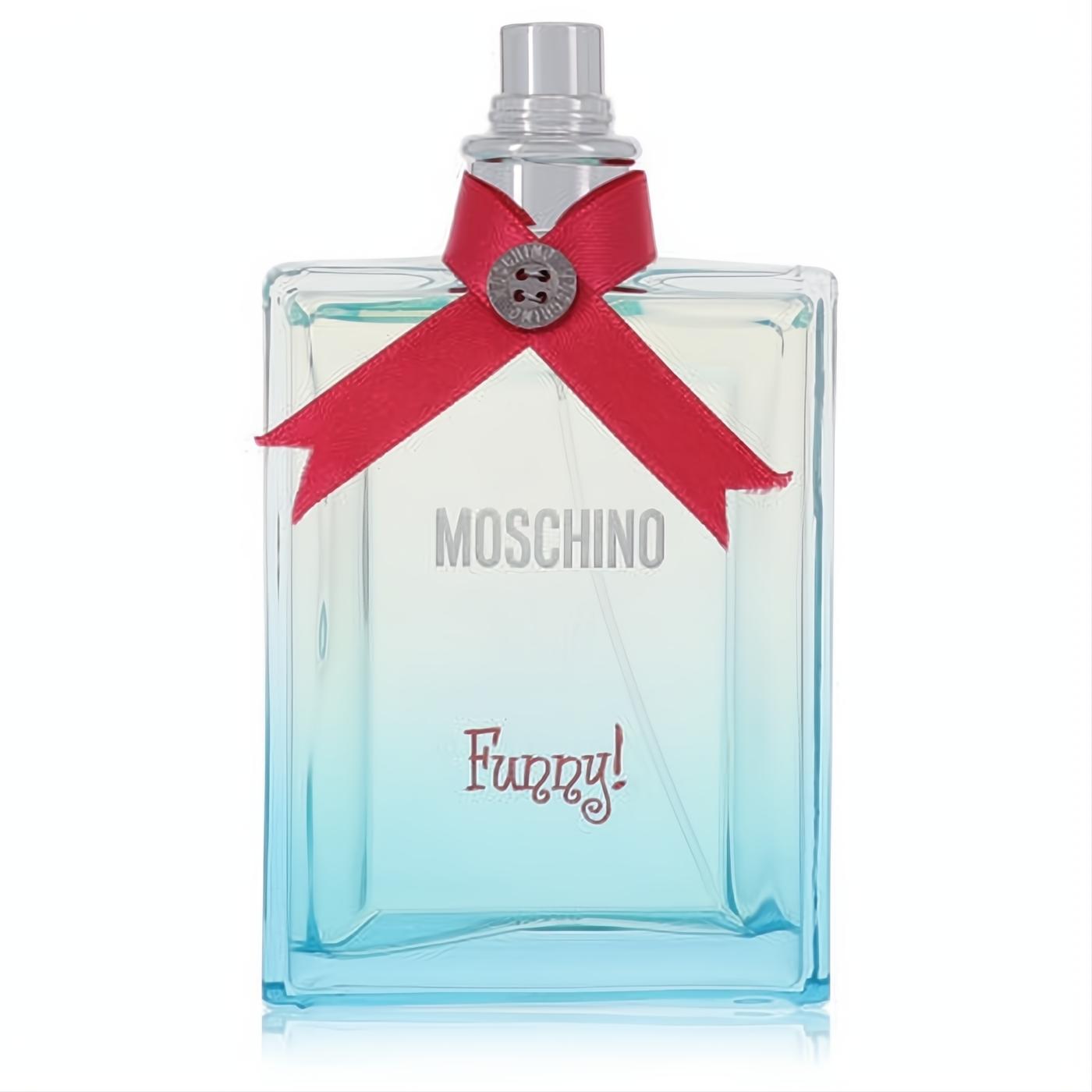 Moschino Funny 3.4 oz EDT tester. Clear to blue gradient bottle, iconic red ribbon with button, silver cap.
