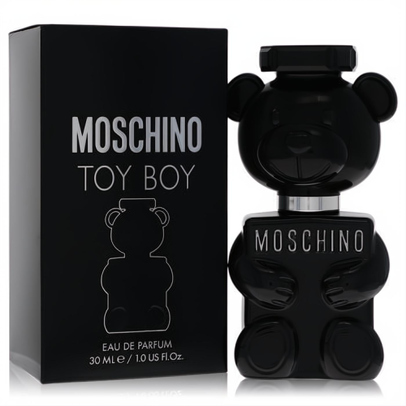 Moschino Toy Boy 1 oz Eau De Parfum: a bold black teddy bear bottle with silver details, beside its matching sleek black box.