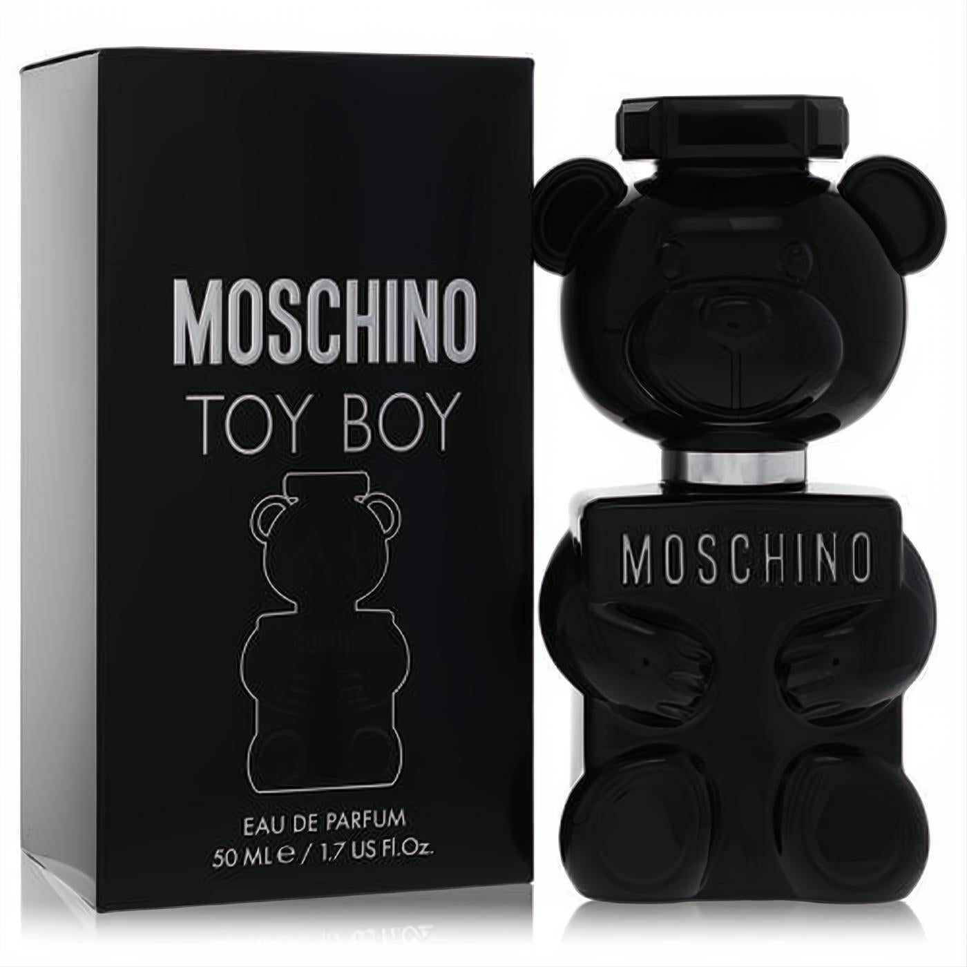 Moschino Toy Boy 1.7 oz men's cologne. Bold black teddy bear bottle and sleek matching box.