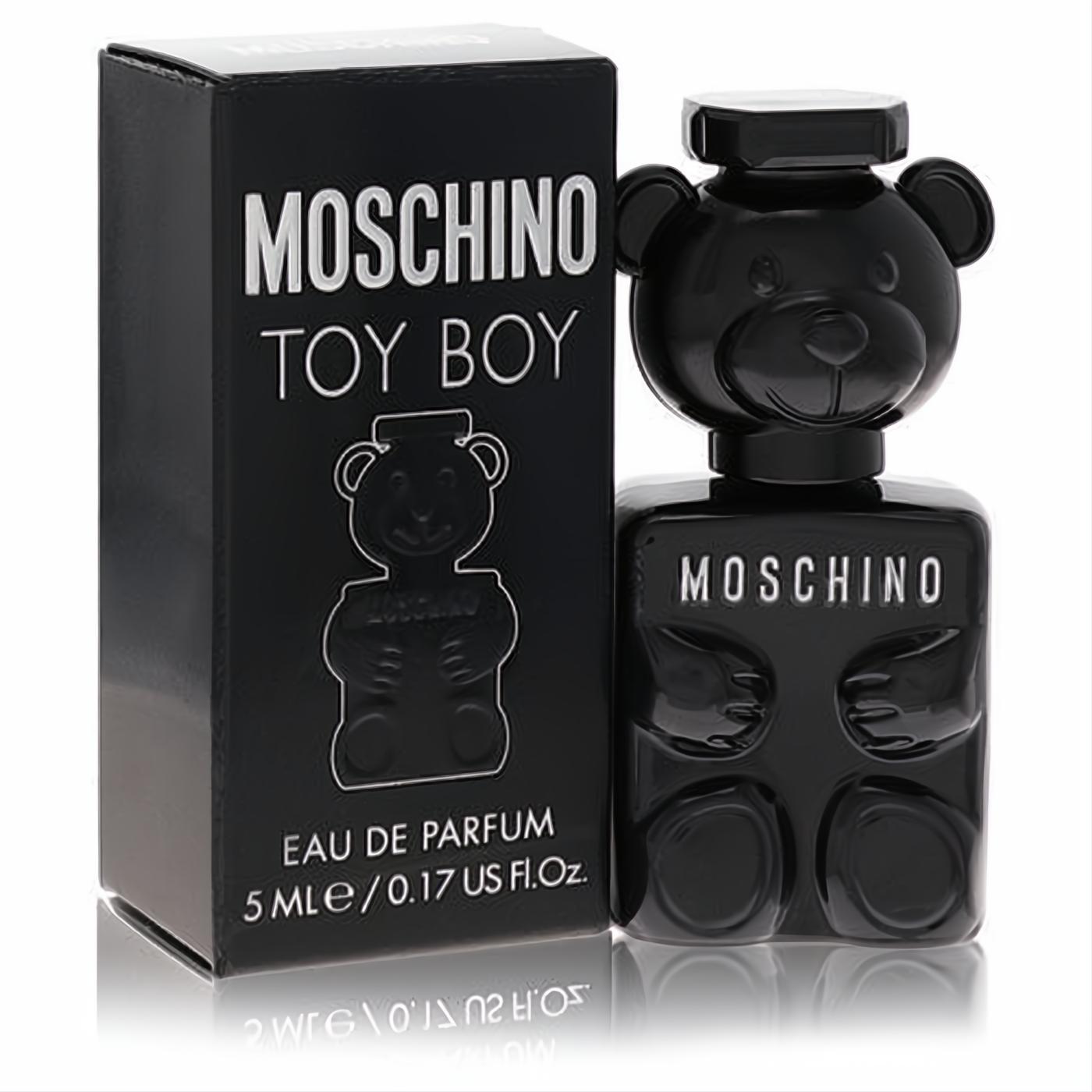 Experience Moschino Toy Boy .17 oz mini EDP. Bold black teddy bear bottle and sleek matching box.