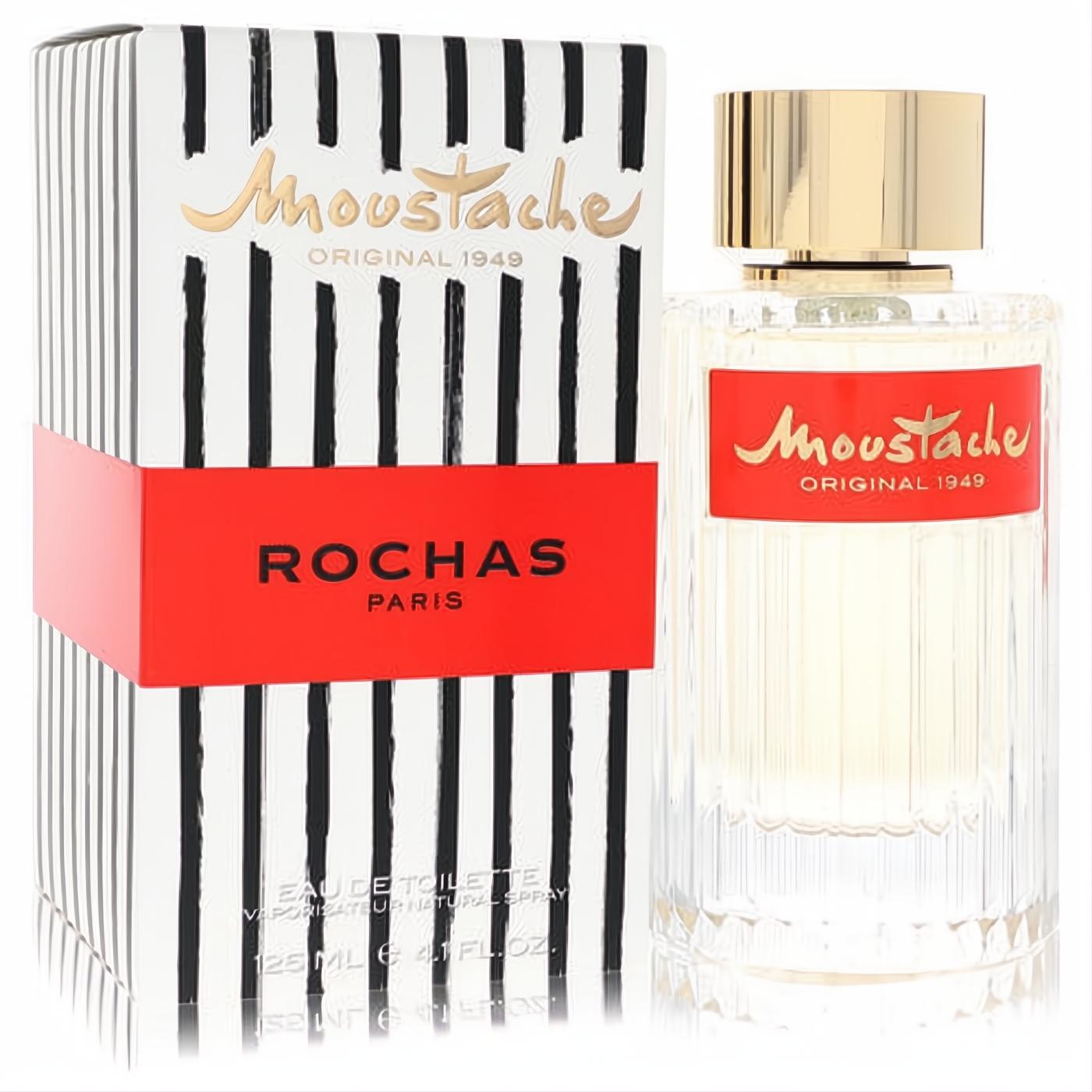 Moustache by Rochas men's 4.1 oz EDT. Clear ribbed glass bottle, gold cap, bold red label. Striking striped box.