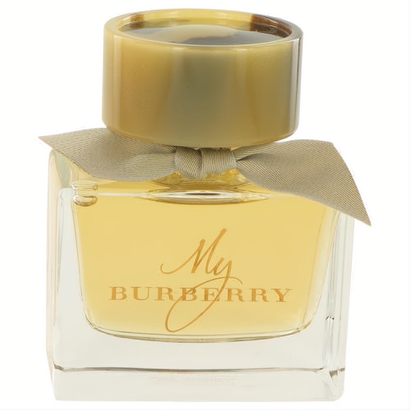 Sophisticated My Burberry EDP in a clear square glass bottle with radiant golden liquid, a marbled amber cap, and a chic beige bow.)