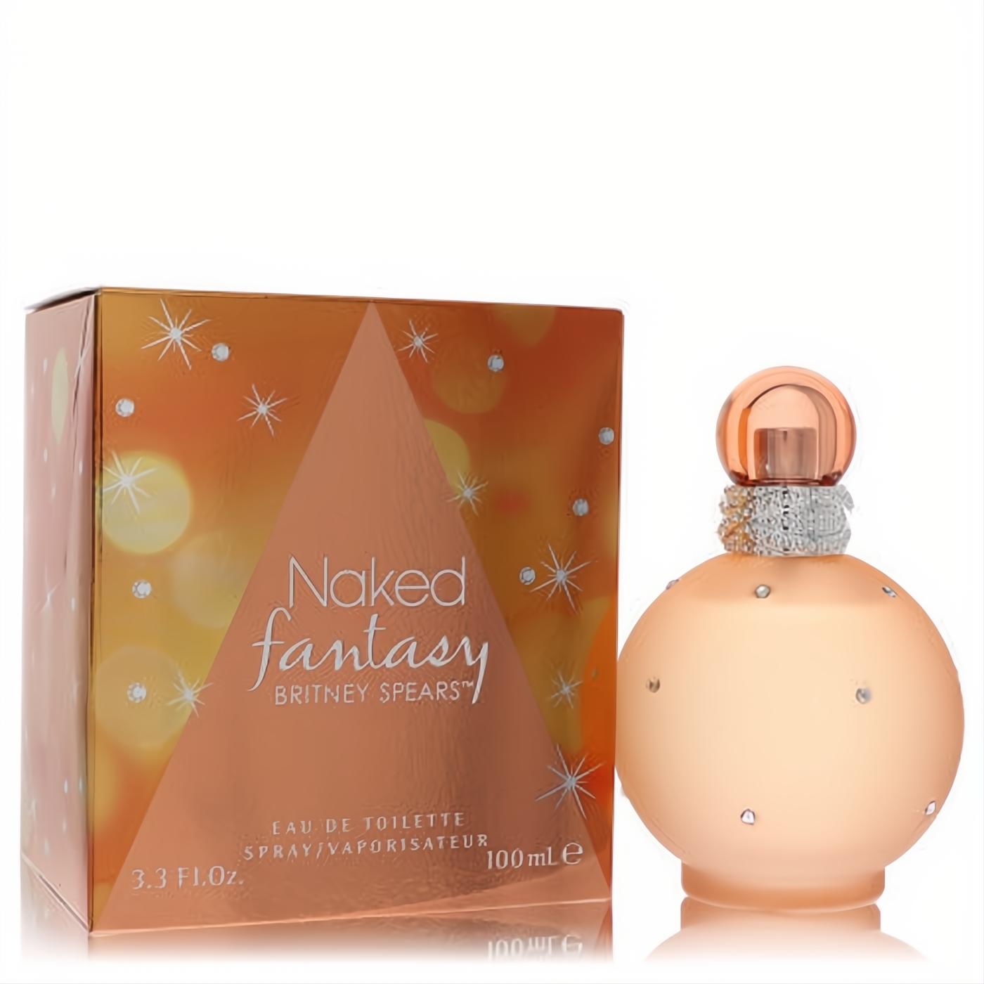 Naked Fantasy Britney Spears 3.4 oz EDT. Dazzling peach spherical bottle with sparkling jewels, rose gold cap, and vibrant orange box.