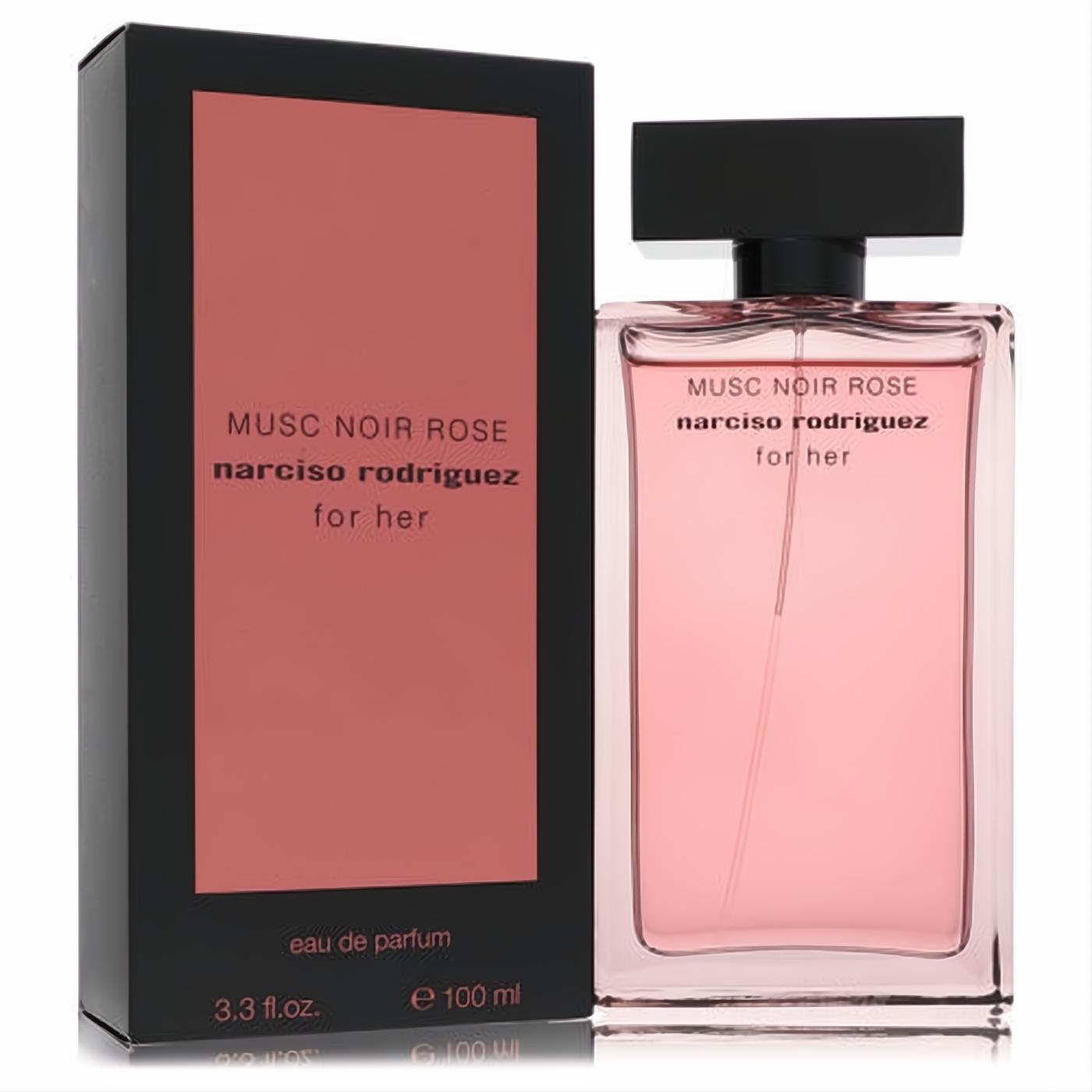 Chic Narciso Rodriguez Musc Noir Rose 3.3 oz EDP. Sleek pink glass bottle with black cap, next to its elegant black and rose box.