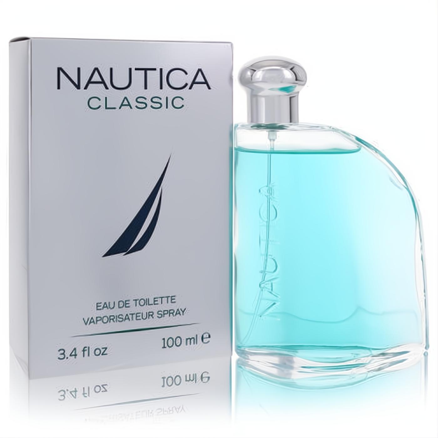 Nautica Classic men's EDT: sleek clear glass bottle with refreshing blue liquid, silver cap, and white box. 3.4 fl oz.