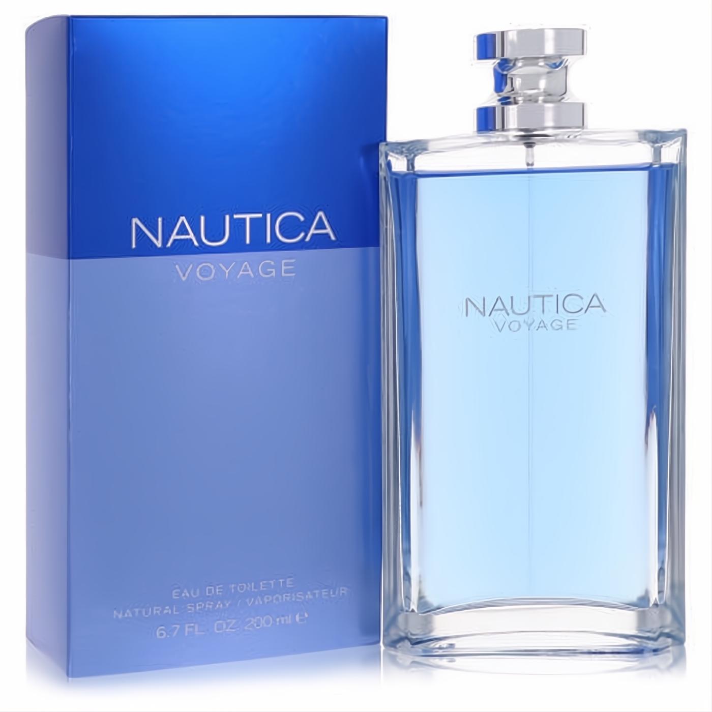 Nautica Voyage men's 6.7 oz EDT in a sleek clear glass bottle with refreshing blue fragrance and silver cap, beside its vibrant blue box.