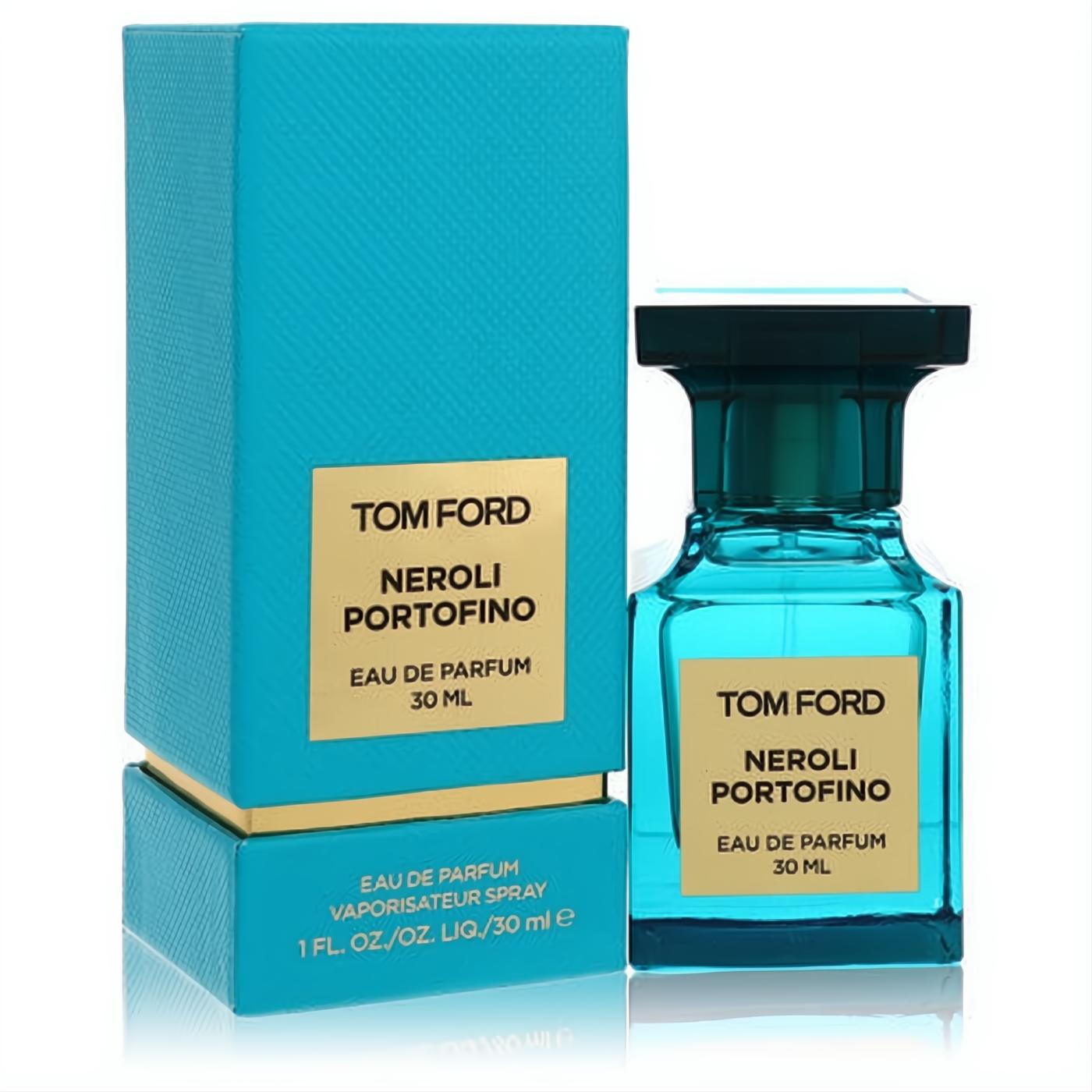 Tom Ford Neroli Portofino 1 oz EDP. Vibrant turquoise bottle, black cap, and matching box with elegant gold details.