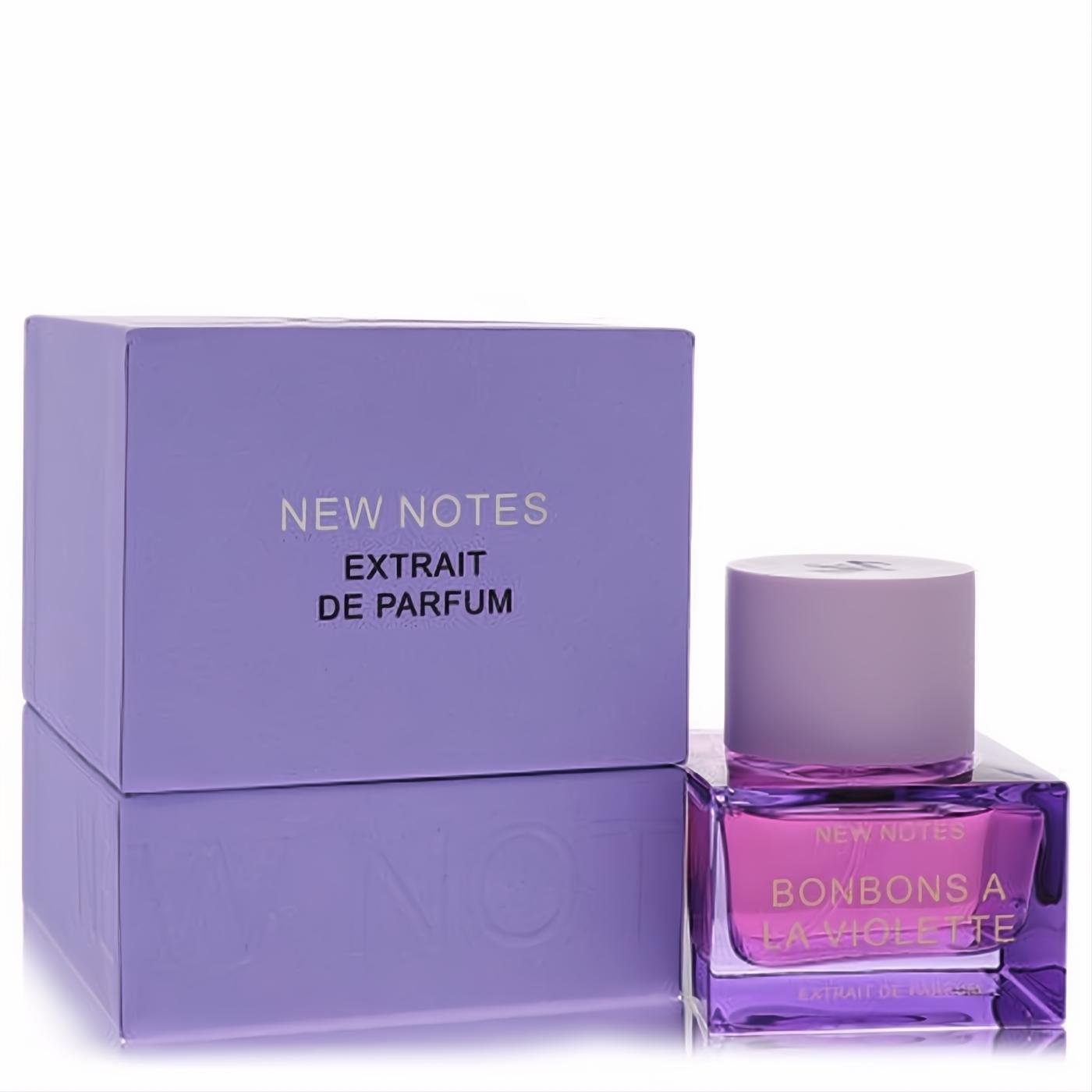 Luxurious New Notes Bonbons A La Violette Extrait De Parfum. Vibrant purple glass bottle with a sleek lavender box.