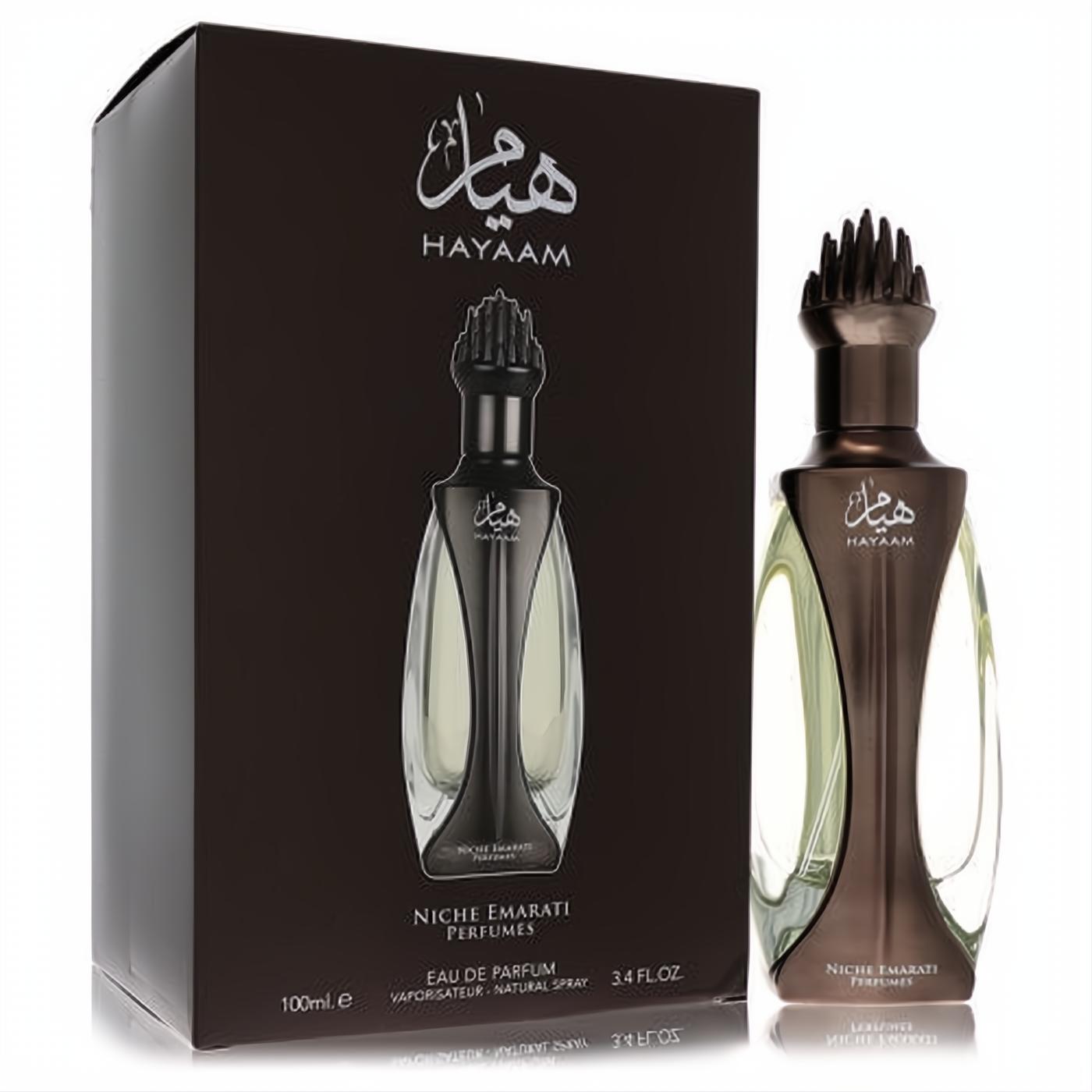 Exquisite Niche Emarati Hayaam 3.4 oz unisex EDP. Distinctive dark bronze bottle with clear glass and ornate cap, showcased with its elegant brown box.