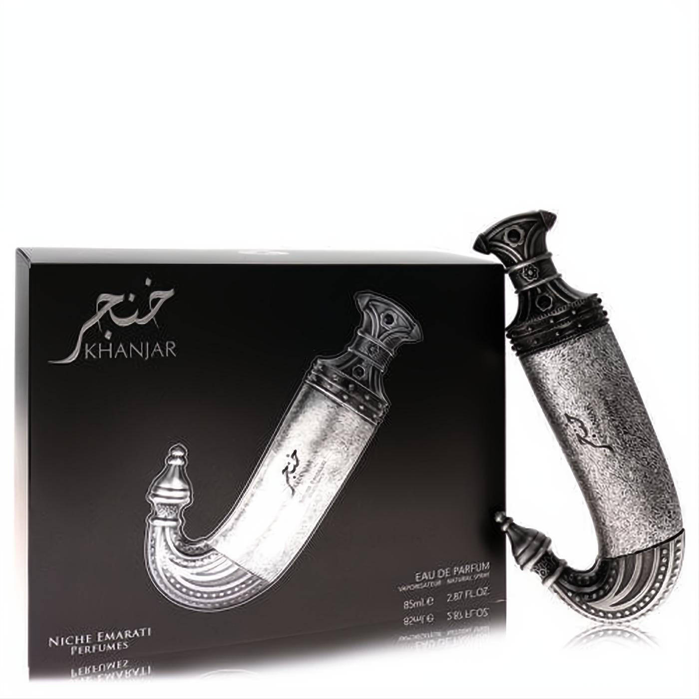 Niche Emarati Khanjar by Lattafa 2.8 oz EDP. Ornate silver dagger-shaped perfume bottle and elegant black box.