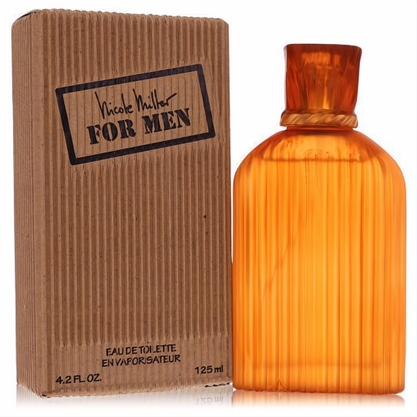 Nicole Miller For Men 4.2 oz EDT: captivating amber ribbed bottle and distinctive brown corrugated box.