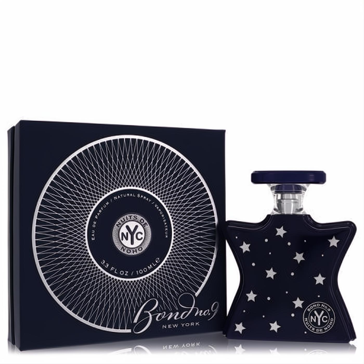 Bond No. 9 Nuits De Noho 3.3 oz EDP. Luxurious dark blue star bottle and elegant box with silver radiating design.