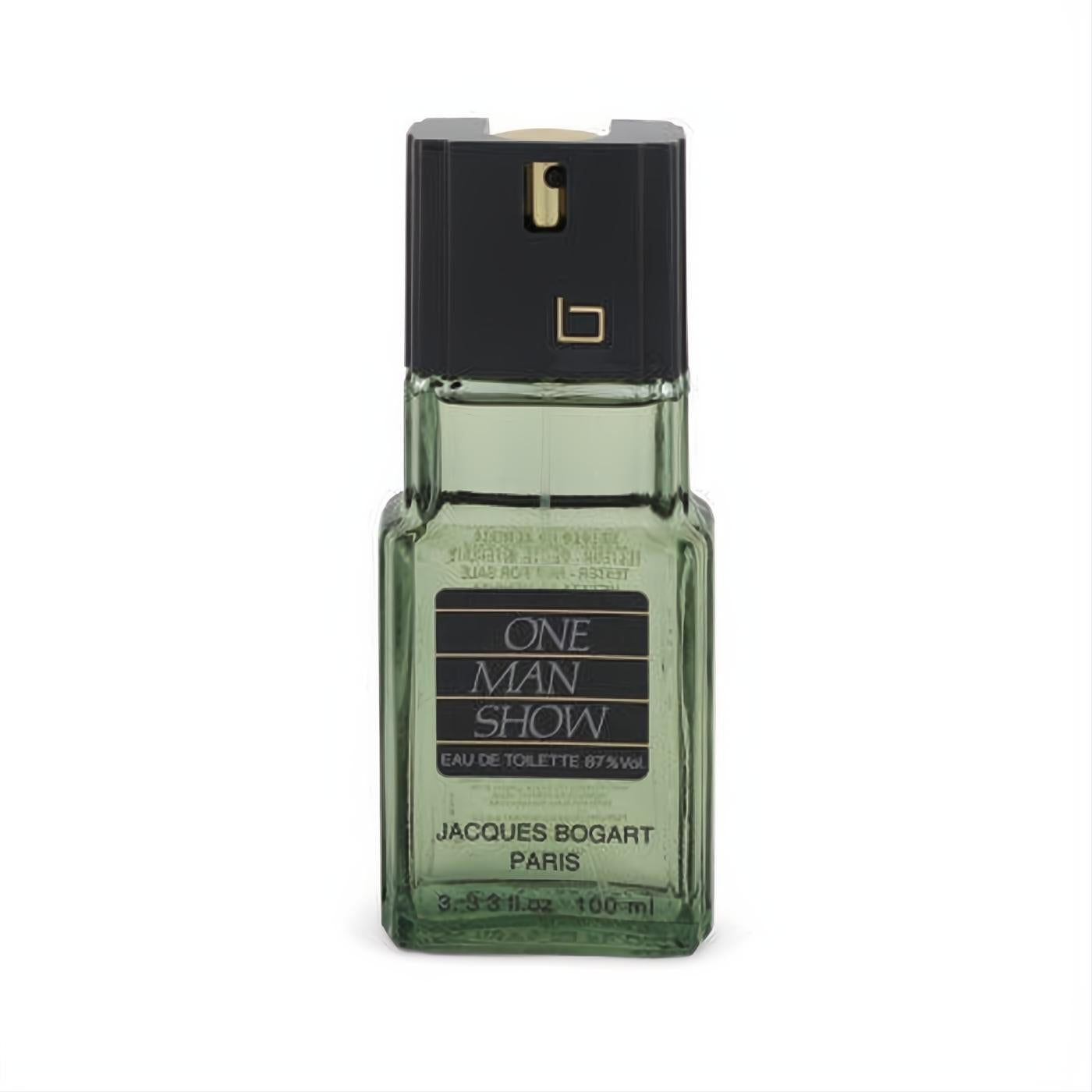 Classic ONE MAN SHOW Jacques Bogart 3.3 oz EDT tester. Distinctive green glass bottle, sleek black cap, bold gold lettering.