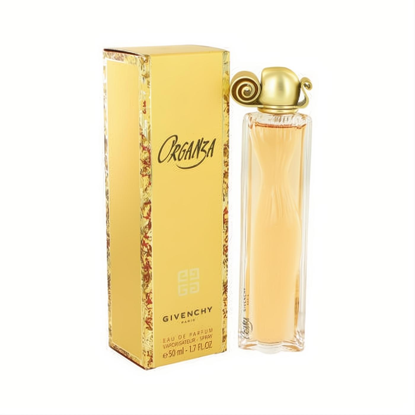 Elegant Givenchy Organza 1.7 oz Eau de Parfum spray, featuring a sculpted dress bottle, ornate gold cap, and luxurious gold box.