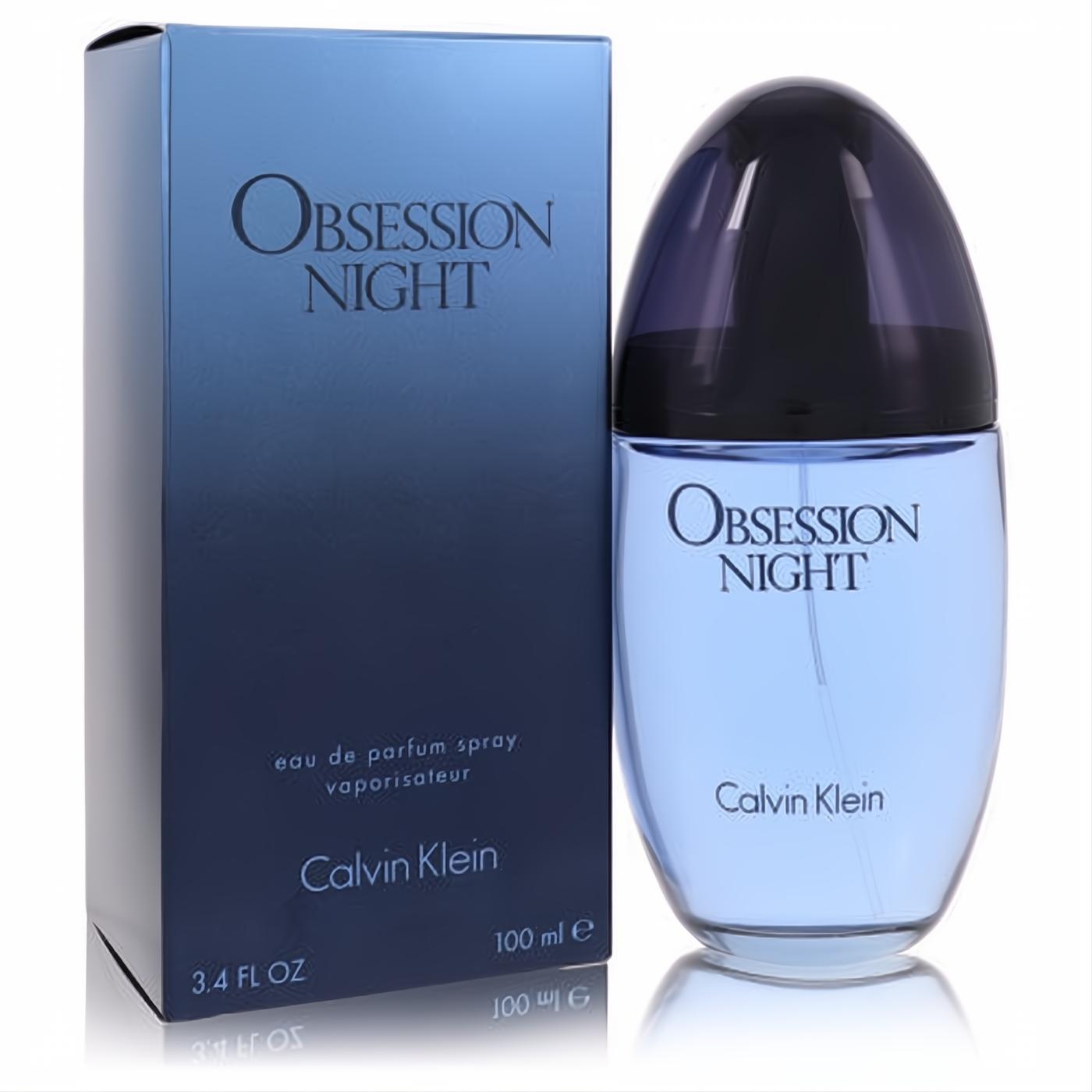 Obsession Night Calvin Klein 3.4 oz women's EDP. Captivating blue glass bottle, dark cap, and elegant gradient box.