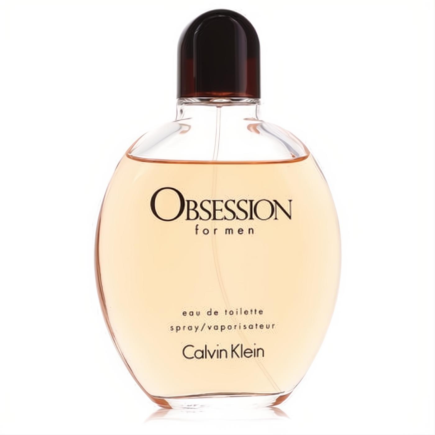 Calvin Klein Obsession for Men 6.7 oz EDT. Elegant clear oval bottle with warm amber fragrance and sleek dark cap.