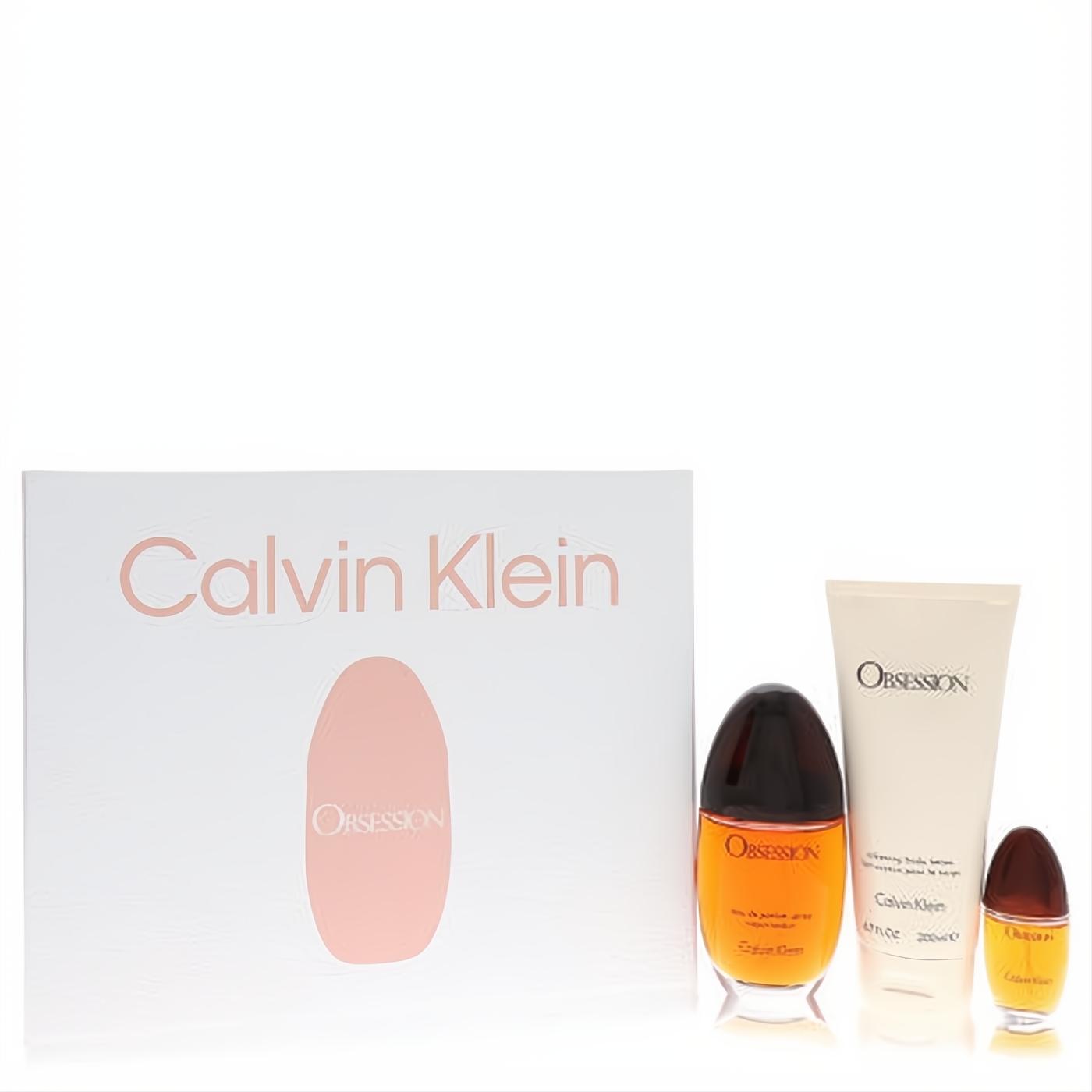 Calvin Klein Obsession women's fragrance gift set: amber EDP spray, body lotion, and mini perfume. Elegant white box with peach branding.