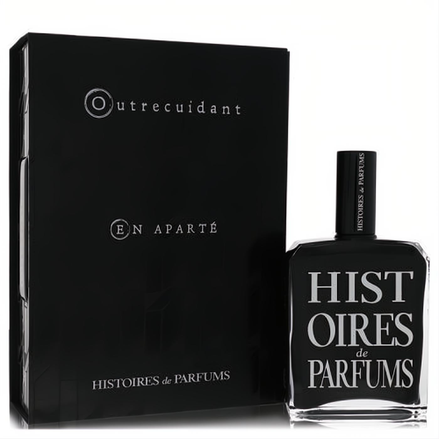 Bold black 4 oz Histoires De Parfums Outrecuidant unisex EDP bottle with white lettering and matching box.