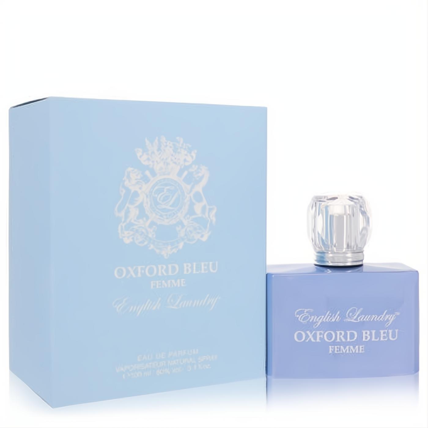 Elegant Oxford Bleu English Laundry 3.4 oz women's perfume. Sleek periwinkle blue bottle with crystal cap, beside its matching box.