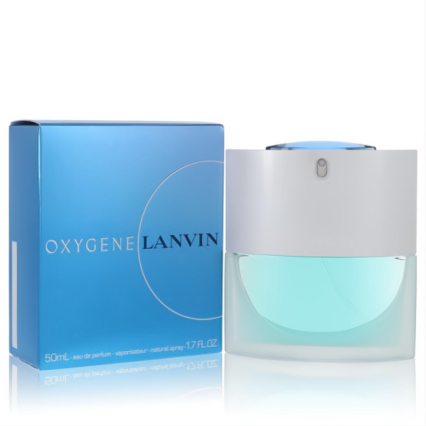 Refreshing Lanvin Oxygene 1.7 oz EDP for women. Features a vibrant blue box and a frosted bottle with aqua liquid and a white cap.