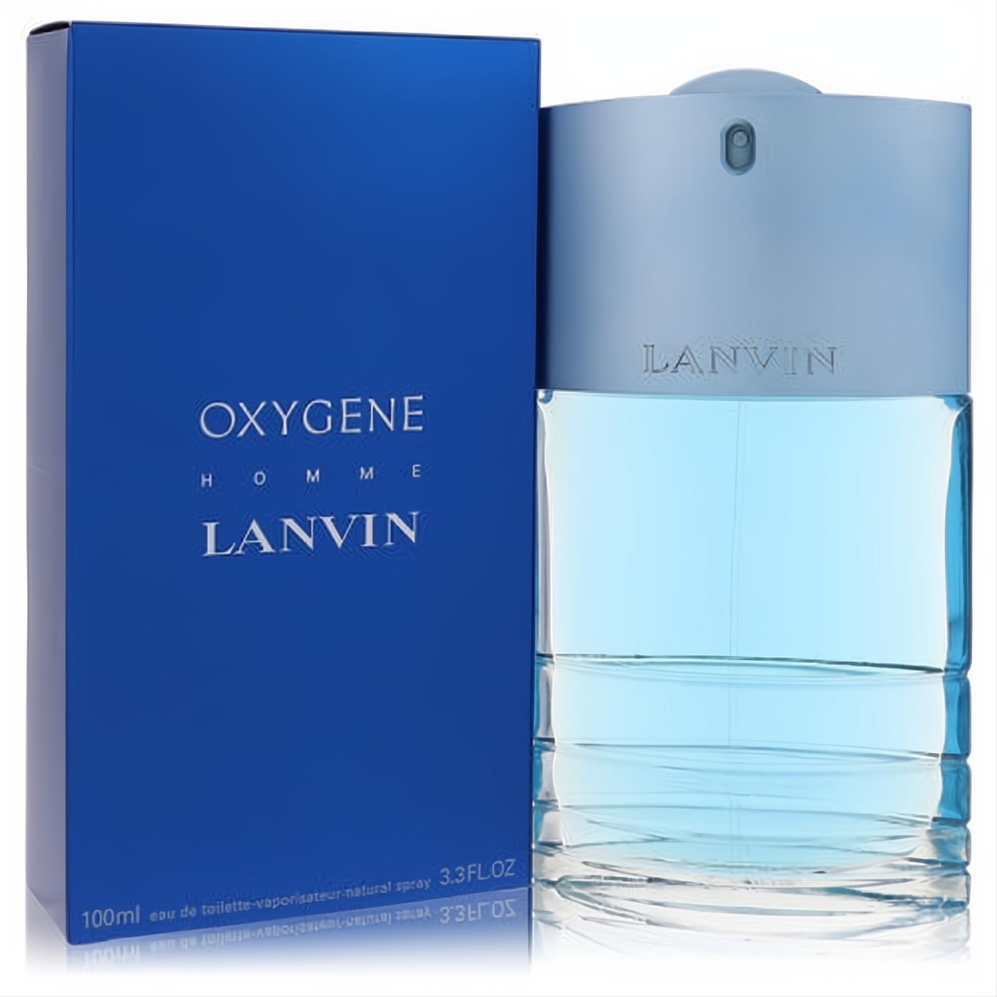 Oxygene Homme Lanvin EDT 3.3 oz. Sleek clear bottle with refreshing blue liquid, frosted cap, and vibrant blue box.